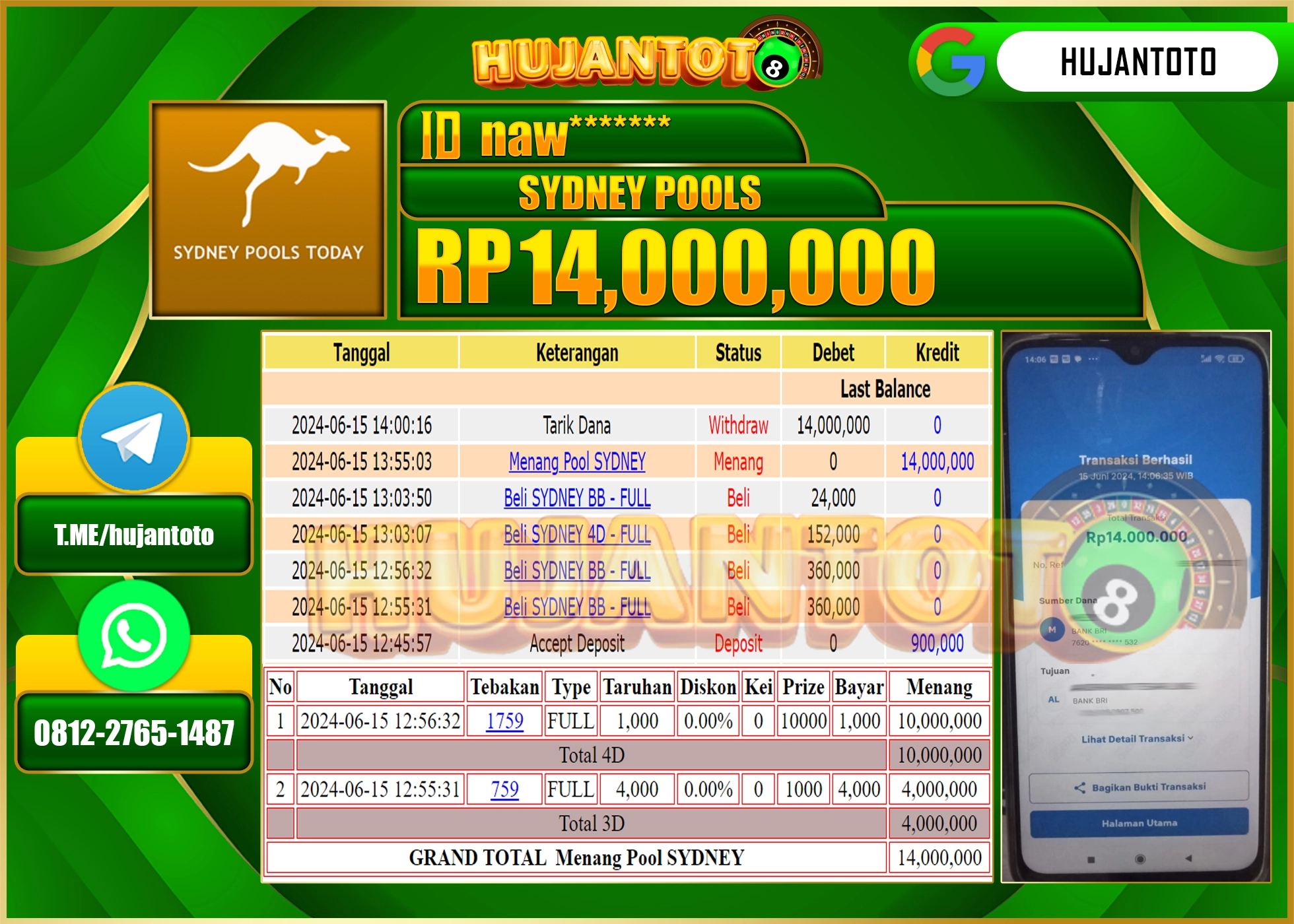 HUJANTOTO MENANG DI TOGEL SYDNEY POOLS GAMES 14.000.000 - LUNAS 