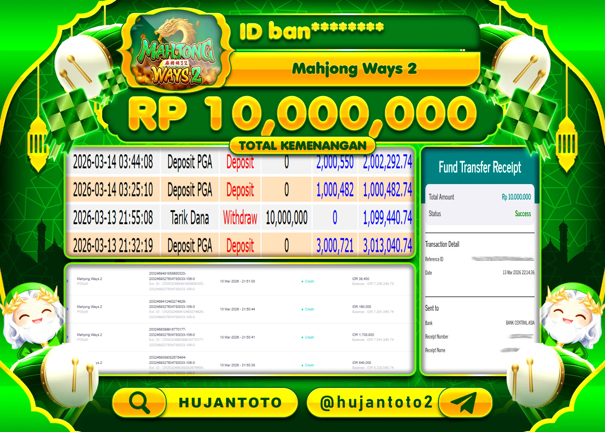 HUJANTOTO - BUKTI JACKPOT MENANG SLOT MAHJONG WAYS 2 Rp.10,000,000 - TERBAYAR LUNAS