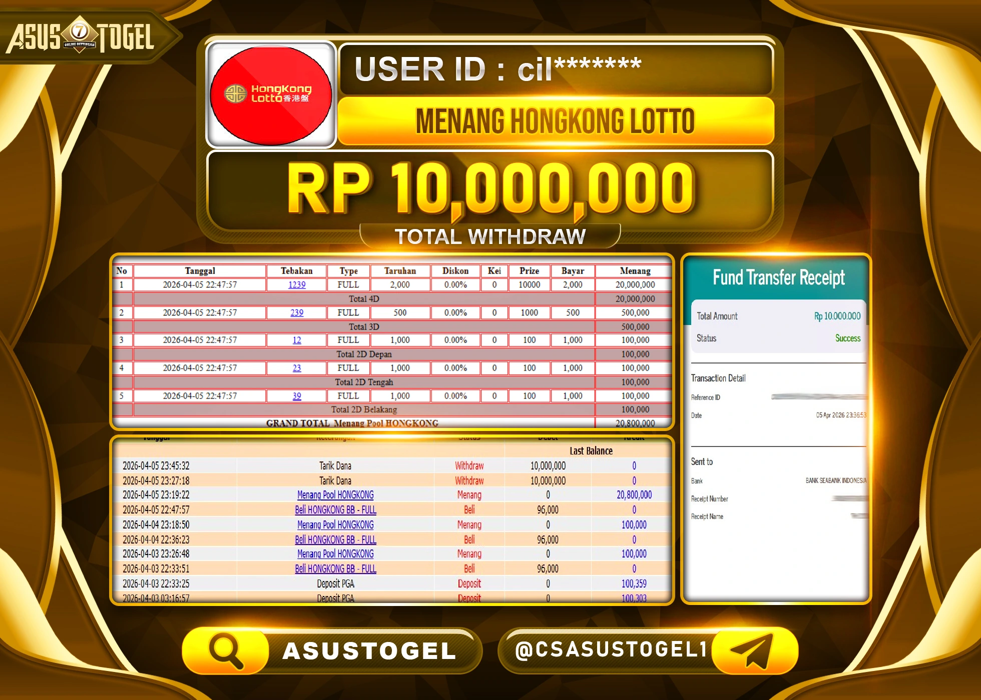 ASUSTOGEL KEMENANGAN JACKPOT DI PERMAINAN TOGEL HONGKONG LOTTO SEBESAR Rp.10,000,000 - RUPIAH LUNAS