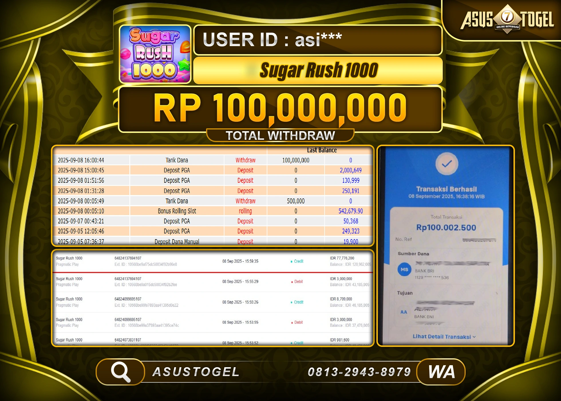 ASUSTOGEL KEMENANGAN DI SLOT SUGAR RUSH 1000 SEBESAR 100,000,000- RUPIAH LUNAS