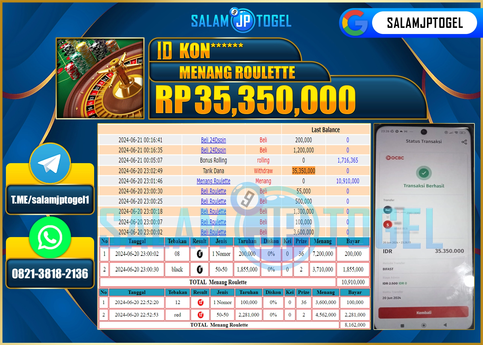 SALAMJPTOGEL MENANG ROULETTE  RP. 35,350,000.,LUNAS