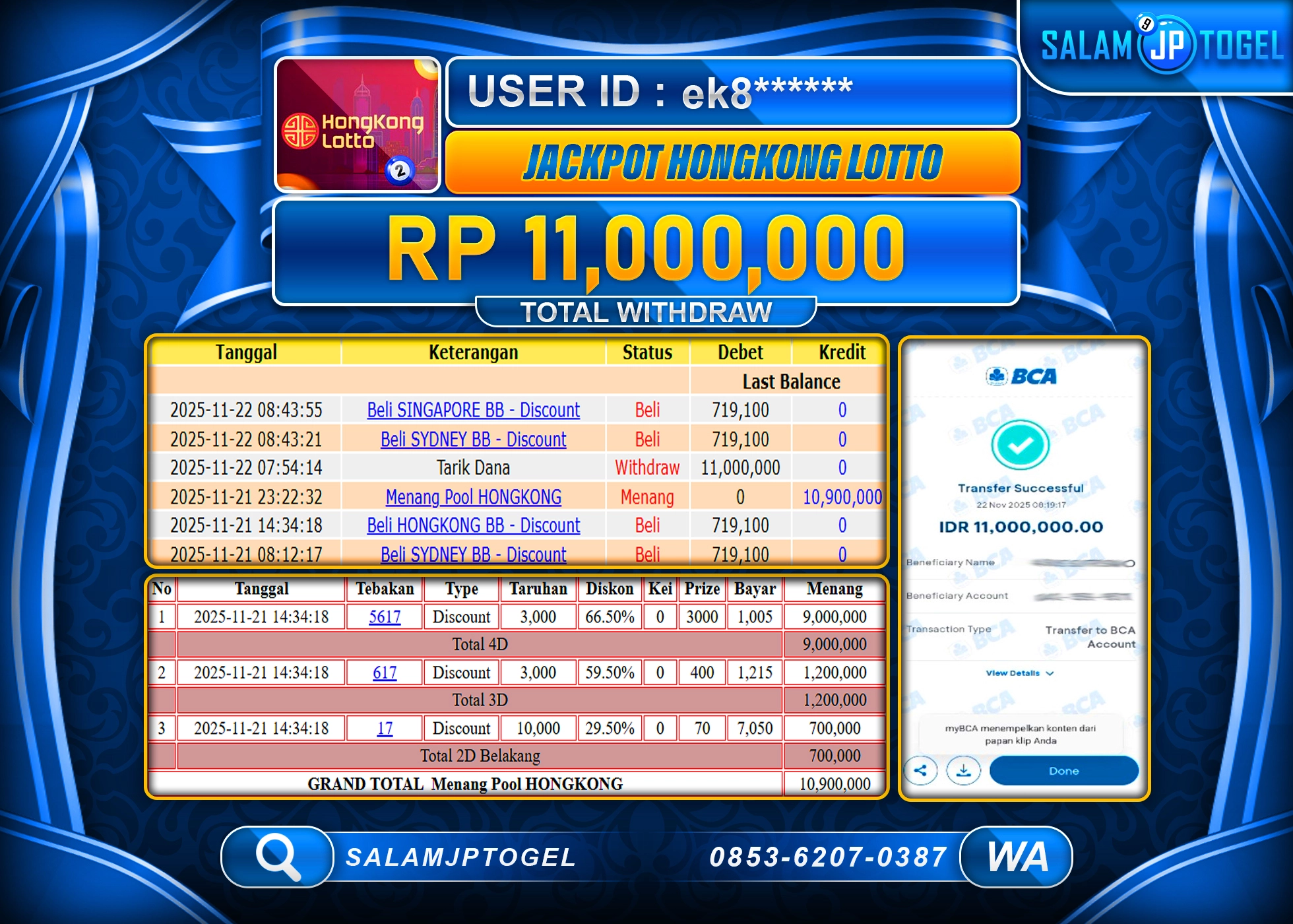 SALAMJPTOGEL MENANG JACKPOT HONGKONG LOTTO  Rp.11,000,000 - LUNAS