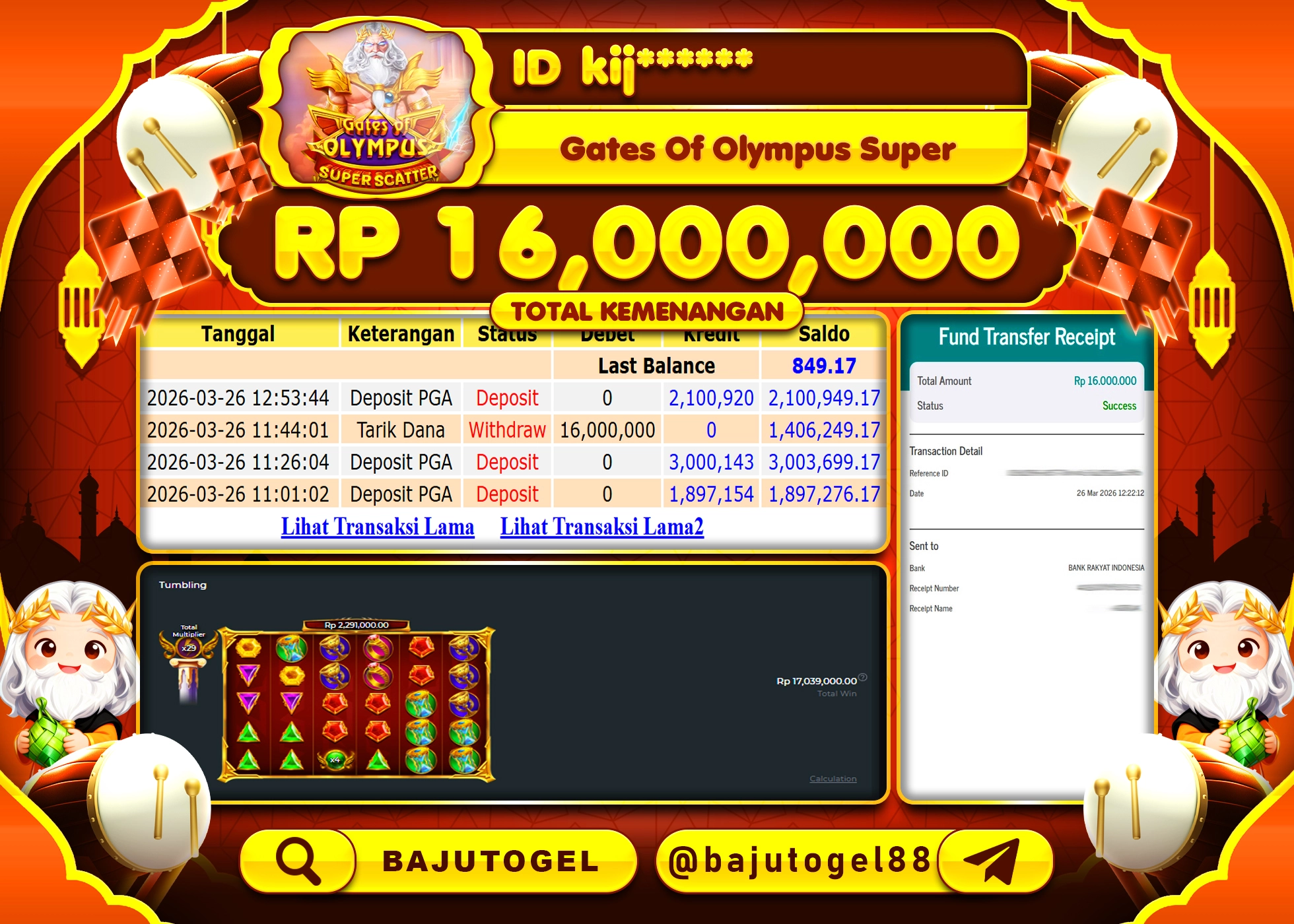 BAJUTOGEL KEMENANGAN DI GATES OF OLYMPUS SS Rp.16,000,000 LUNAS