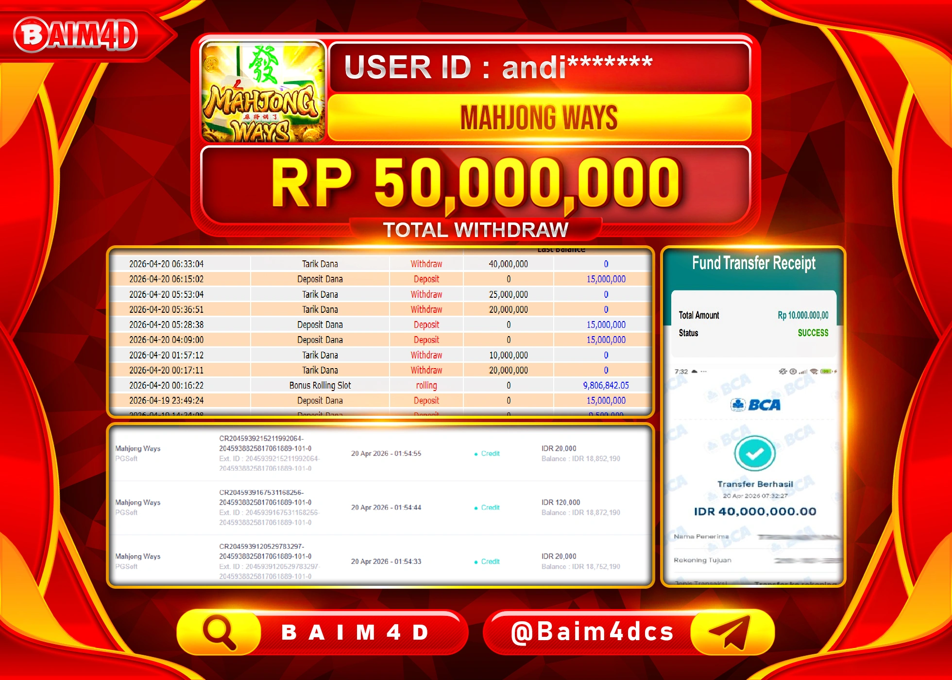 BAIM4D JACKPOT SLOT MAHYONG WINS Rp.50,000,000 - LUNAS