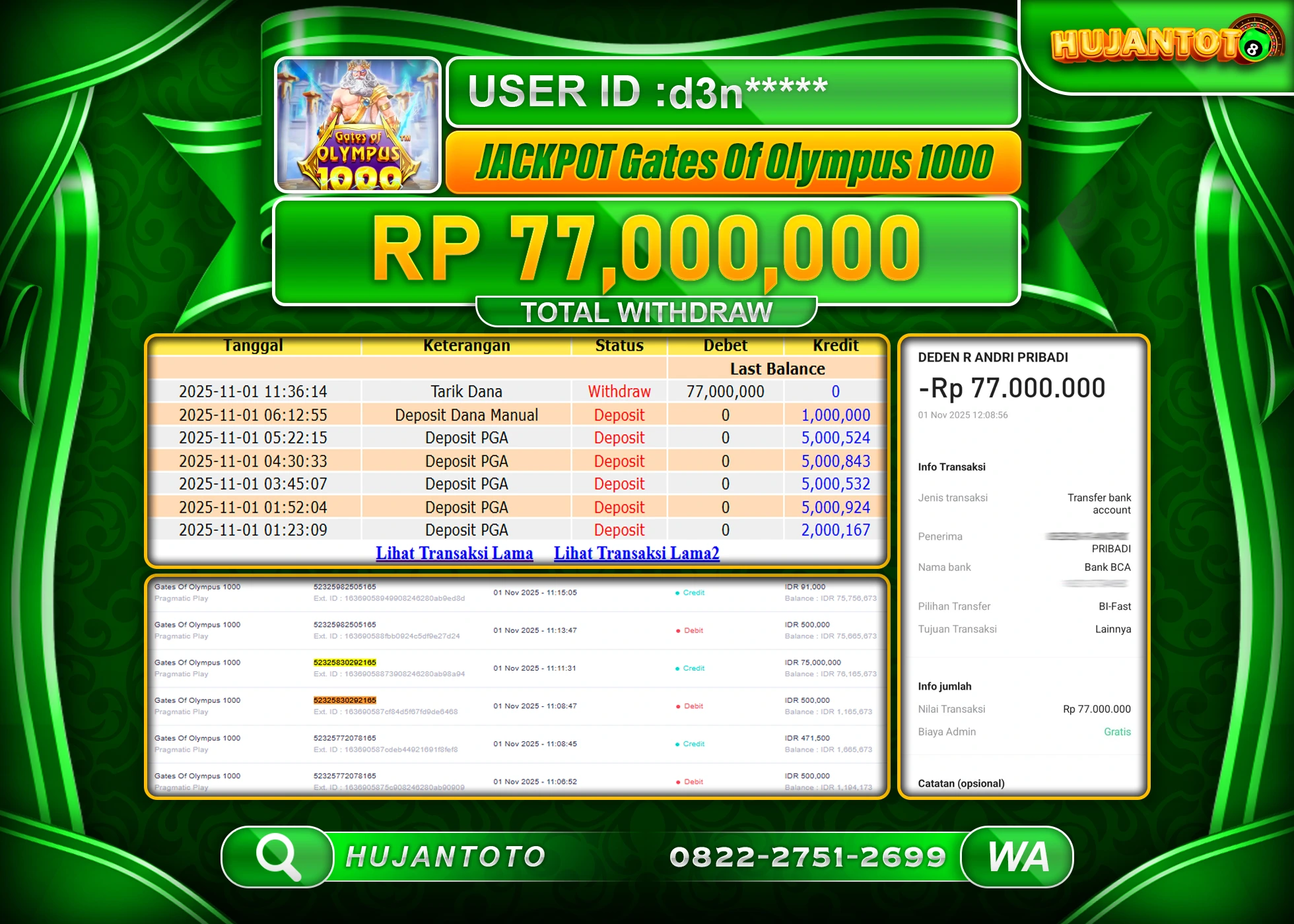 HUJANTOTO - BUKTI JACKPOT MENANG SLOT GATES OF OLYMPUS 1000 Rp.77,000,000 - TERBAYAR LUNAS