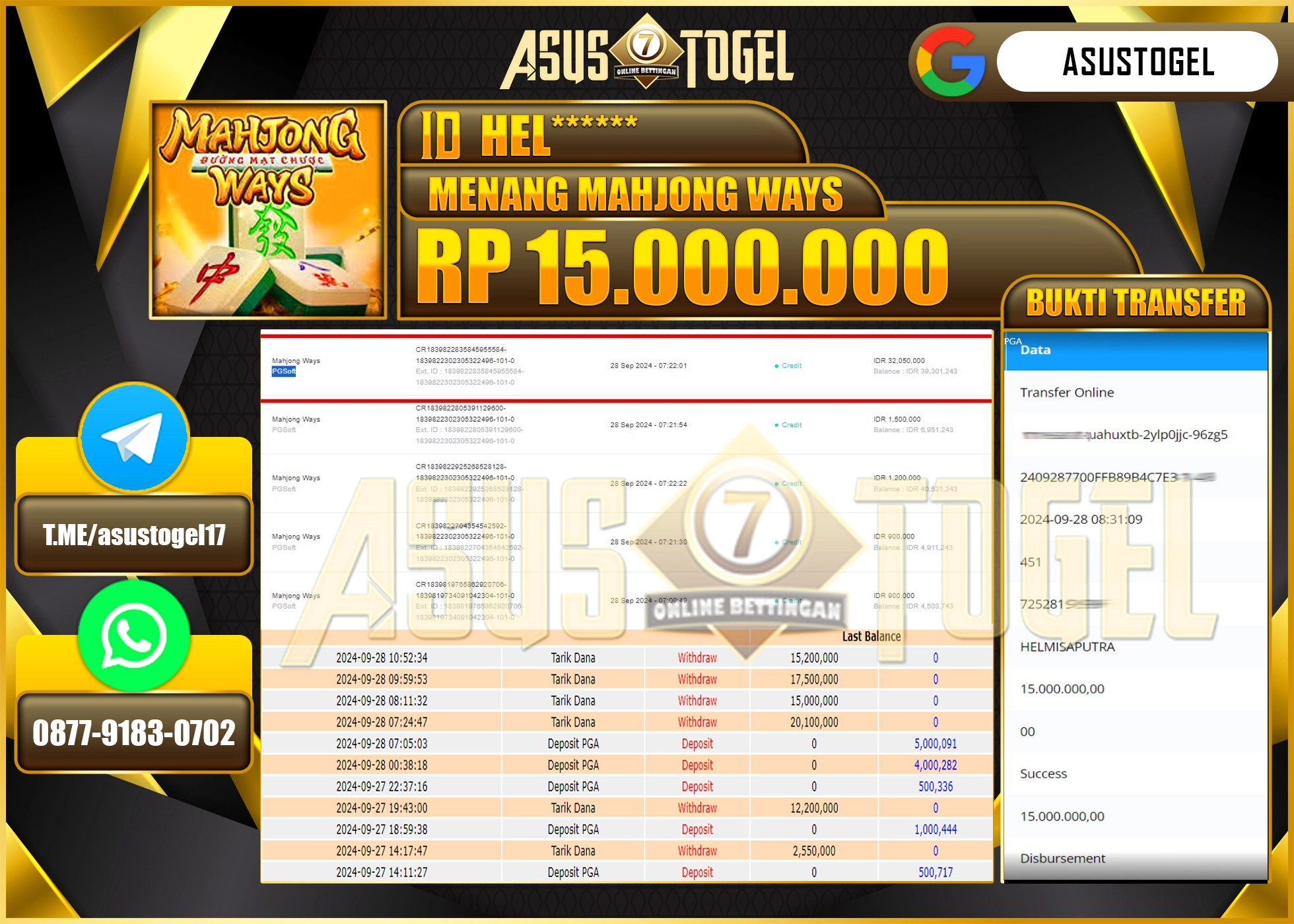 ASUSTOGEL KEMENANGAN DI SLOT MAHJONG WAYS SEBESAR 15,000,000- RUPIAH LUNAS