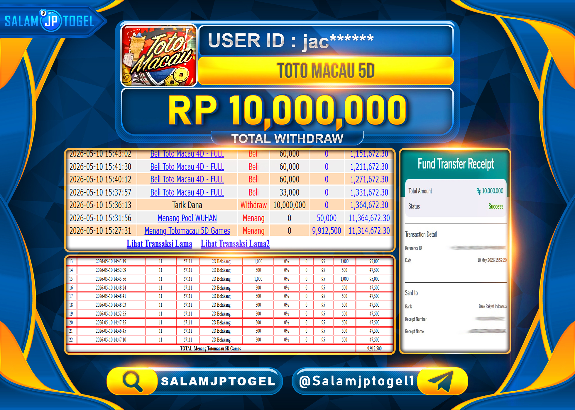 SALAMJPTOGEL JACKPOT Toto Macau 5D - Periode 13315 Rp.10,000,000- LUNAS