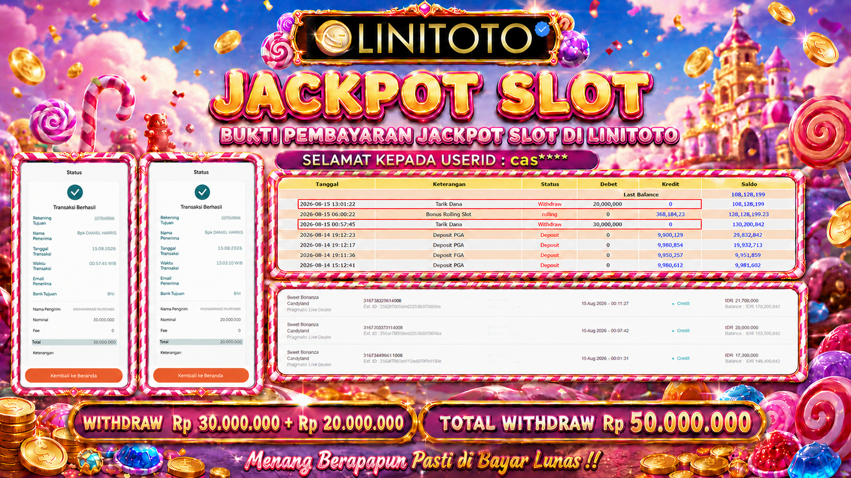 LINITOTO JACKPOT SLOT Sweet Bonanza Candyland  Rp.50,000,000 - LUNAS