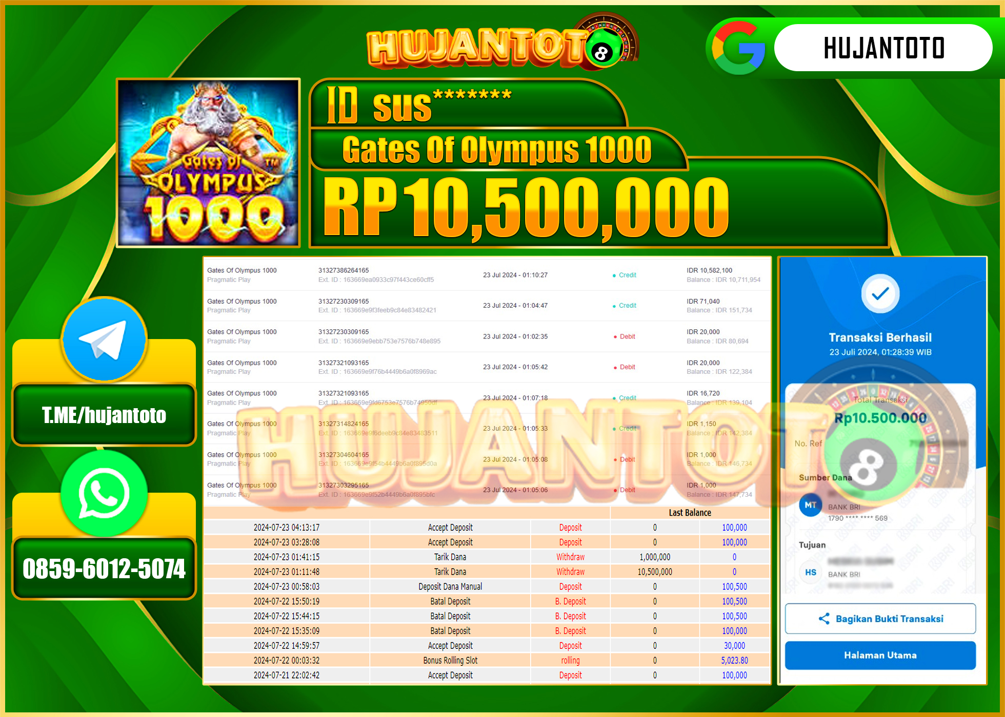 HUJANTOTO MENANG PERMAINAN SLOT Gates Of Olympus 1000 (Pragmatic Play)  10.500.000 - LUNAS 