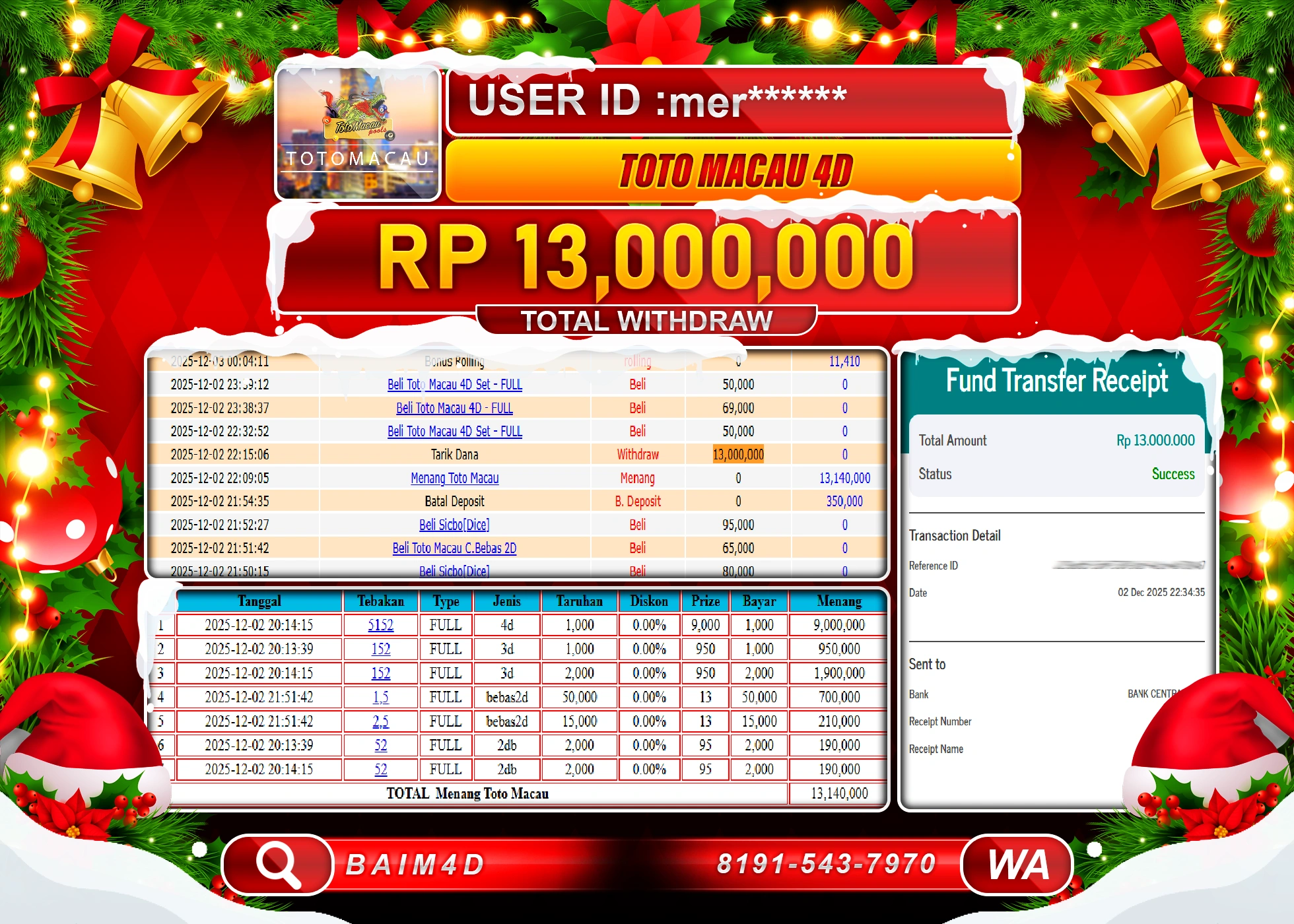 BAIM4D JACKPOT TOGEL TOTO MACAU 4D Rp.13,000,000 - LUNAS