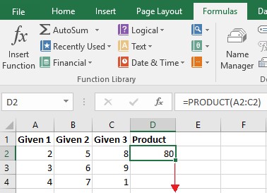 Screenshot of an Excel sample performing PRODUCT function for multiplying columns