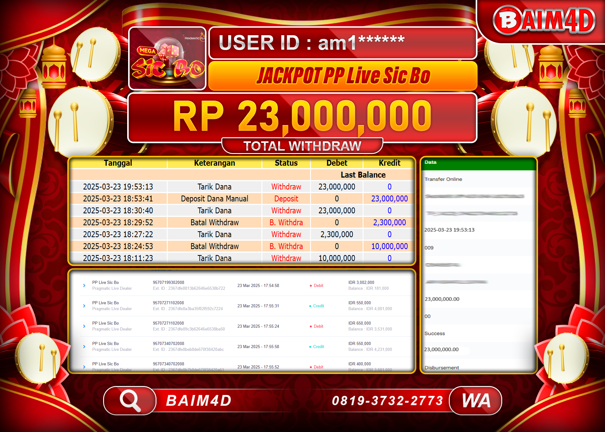 BAIM4D JACKPOT  MENANG  PP Live Sic Bo Rp.23.000,000.- LUNAS