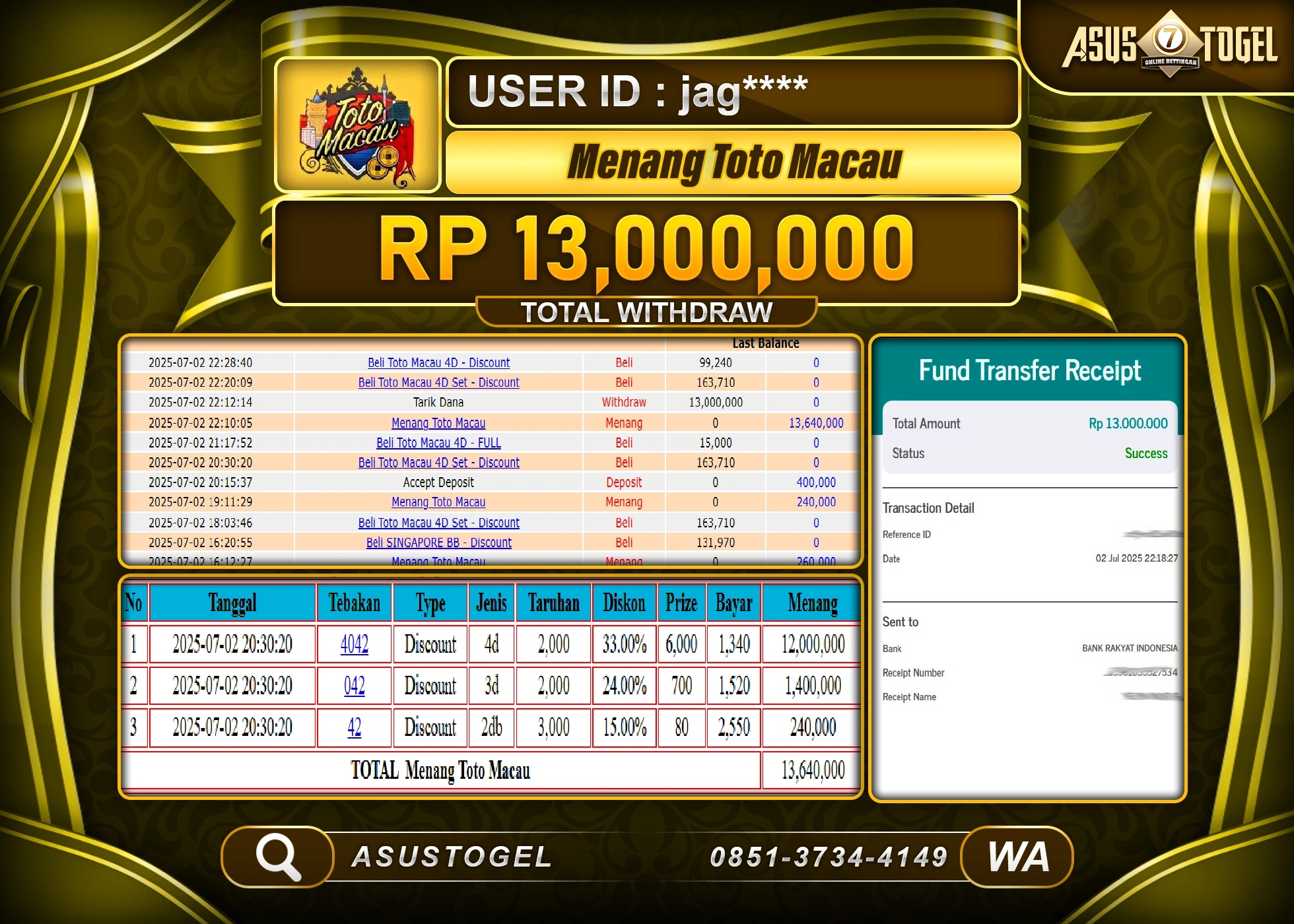 ASUSTOGEL KEMENANGAN DI TOGEL TOTO MACAU SEBESAR 13,000,000- RUPIAH LUNAS