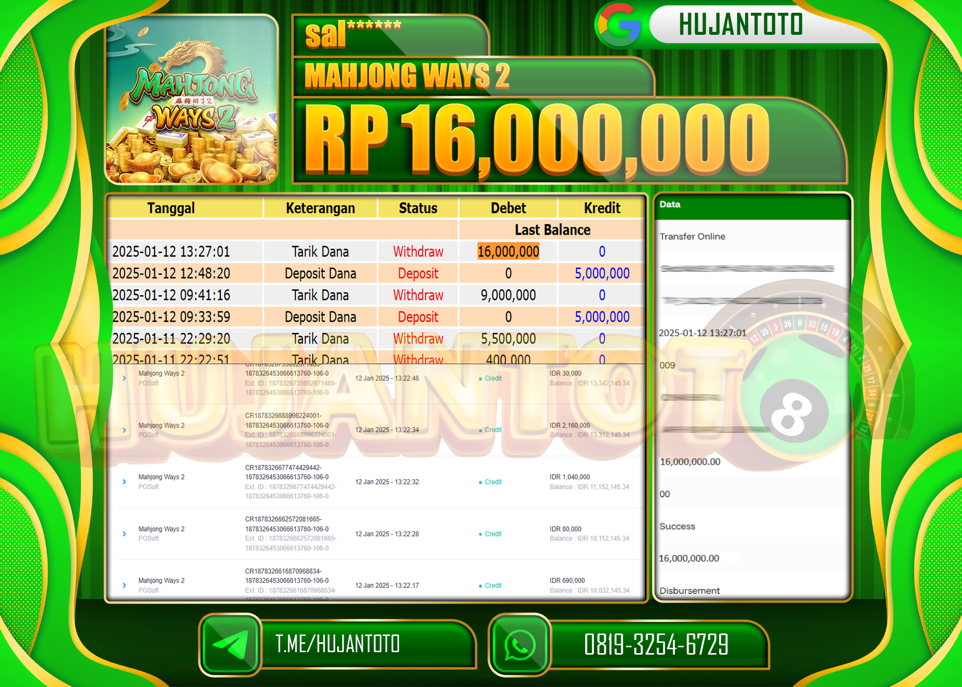 HUJANTOTO - BUKTI JACKPOT DI PERMAINAN SLOT MAHJONG WAYS 2 Rp. 16,000,000 - TERBAYAR LUNAS