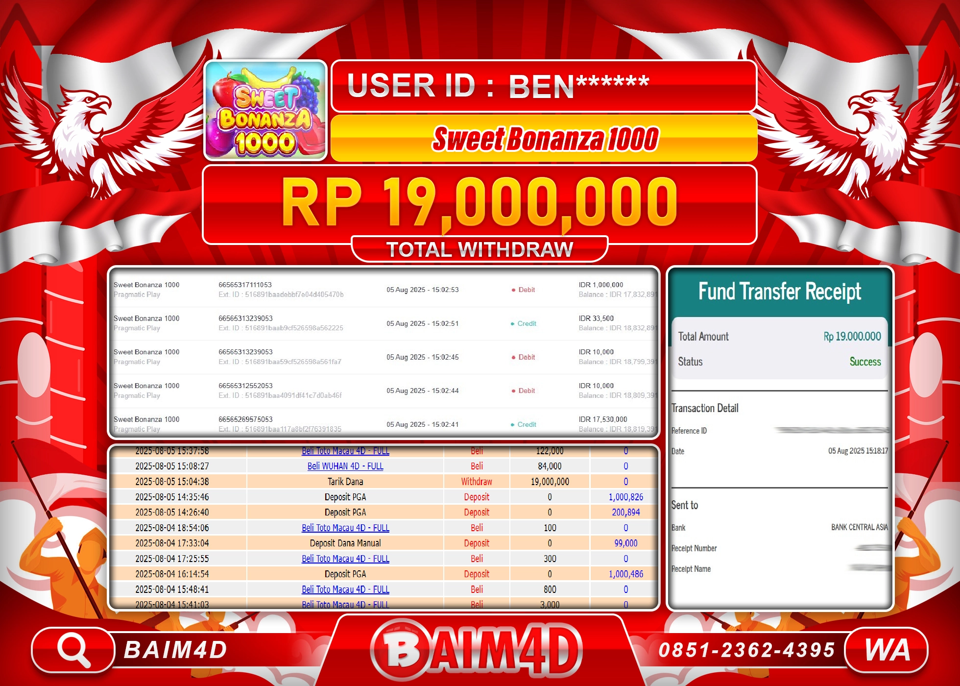 BAIM4D JACKPOT SLOT SWEET BONANZA 1000 Rp.19,000,000.- LUNAS