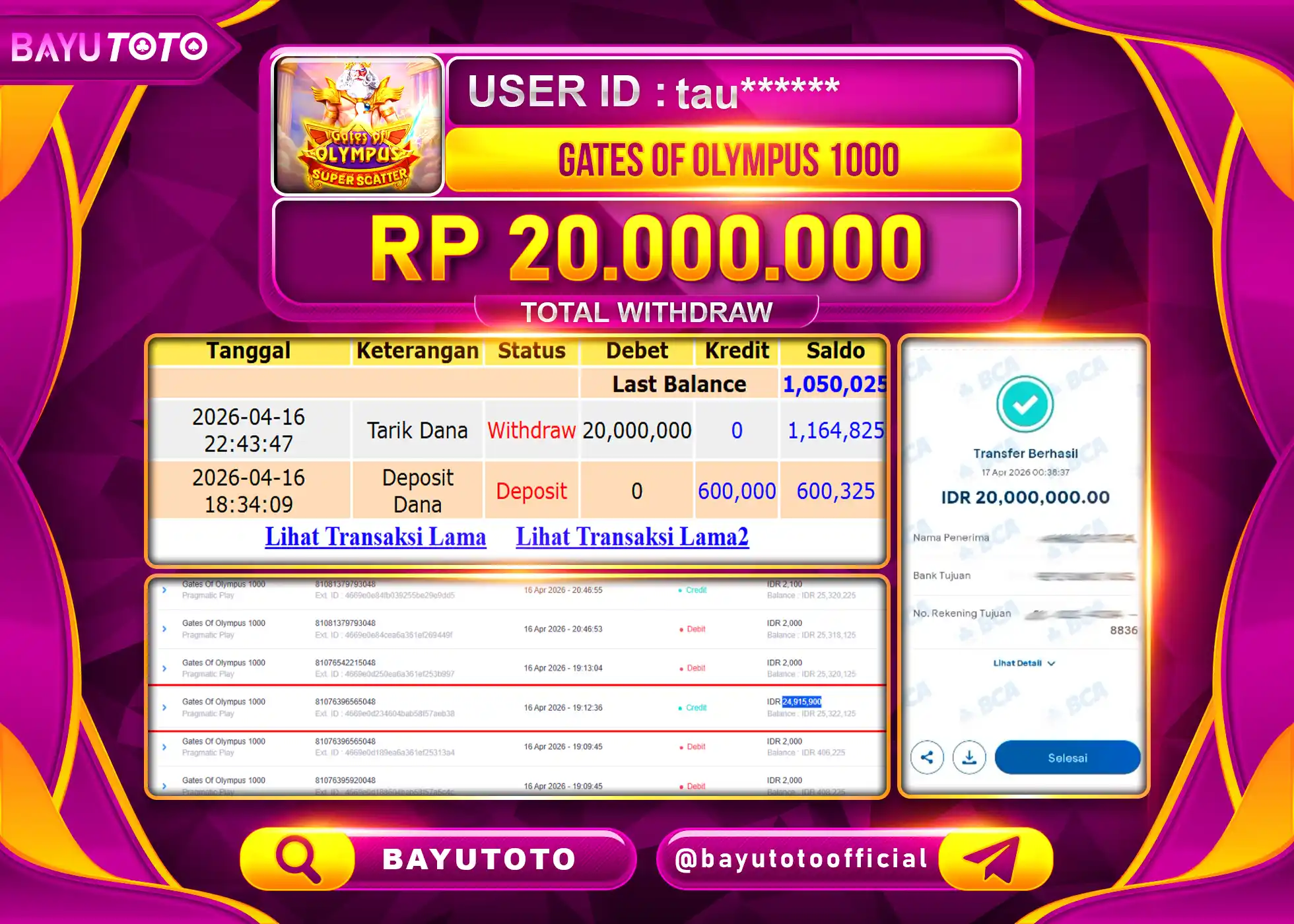 SELAMAT MEMBER BAYUTOTO JACKPOT DI SLOT GATES OF OLYMPUS 1000 Rp. 20,000,000 LUNAS