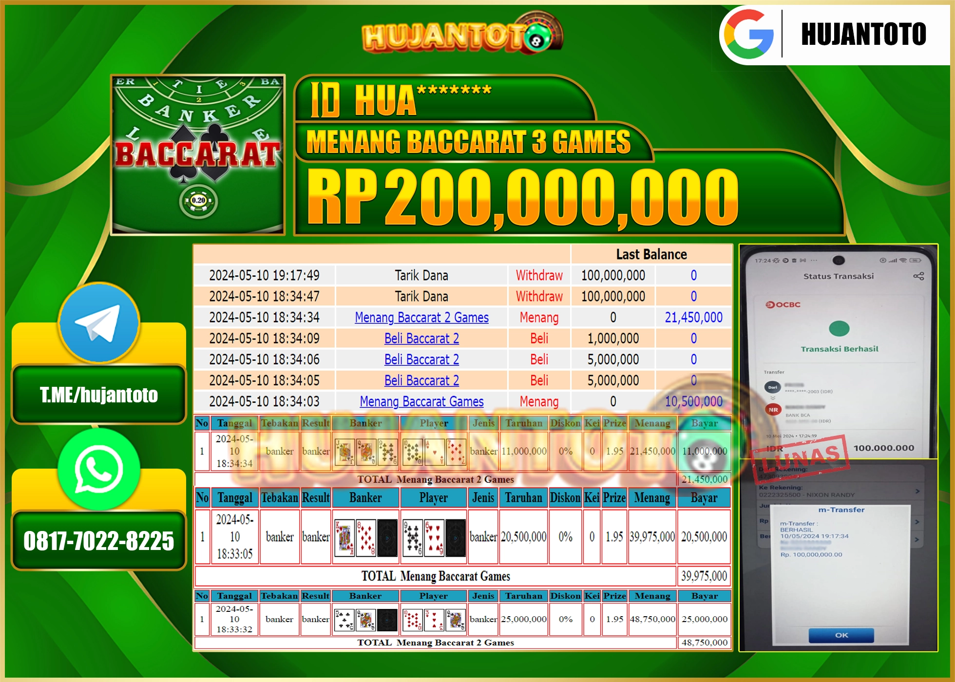 HUJANTOTO MENANG BACCARAT 3 GAMES 200,000,000 - LUNAS