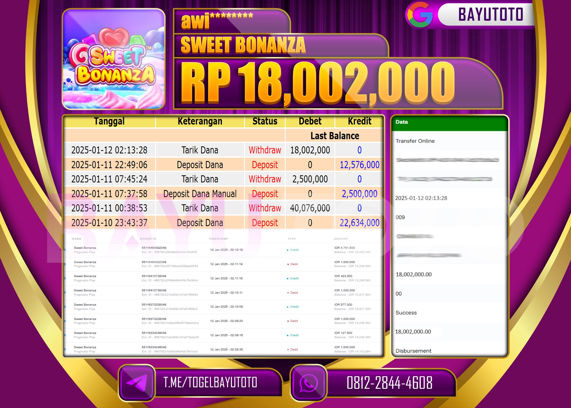 BAYUTOTO JACKPOT  DI  SLOT SWEET BONANZA Rp.18.002.000 LUNAS
