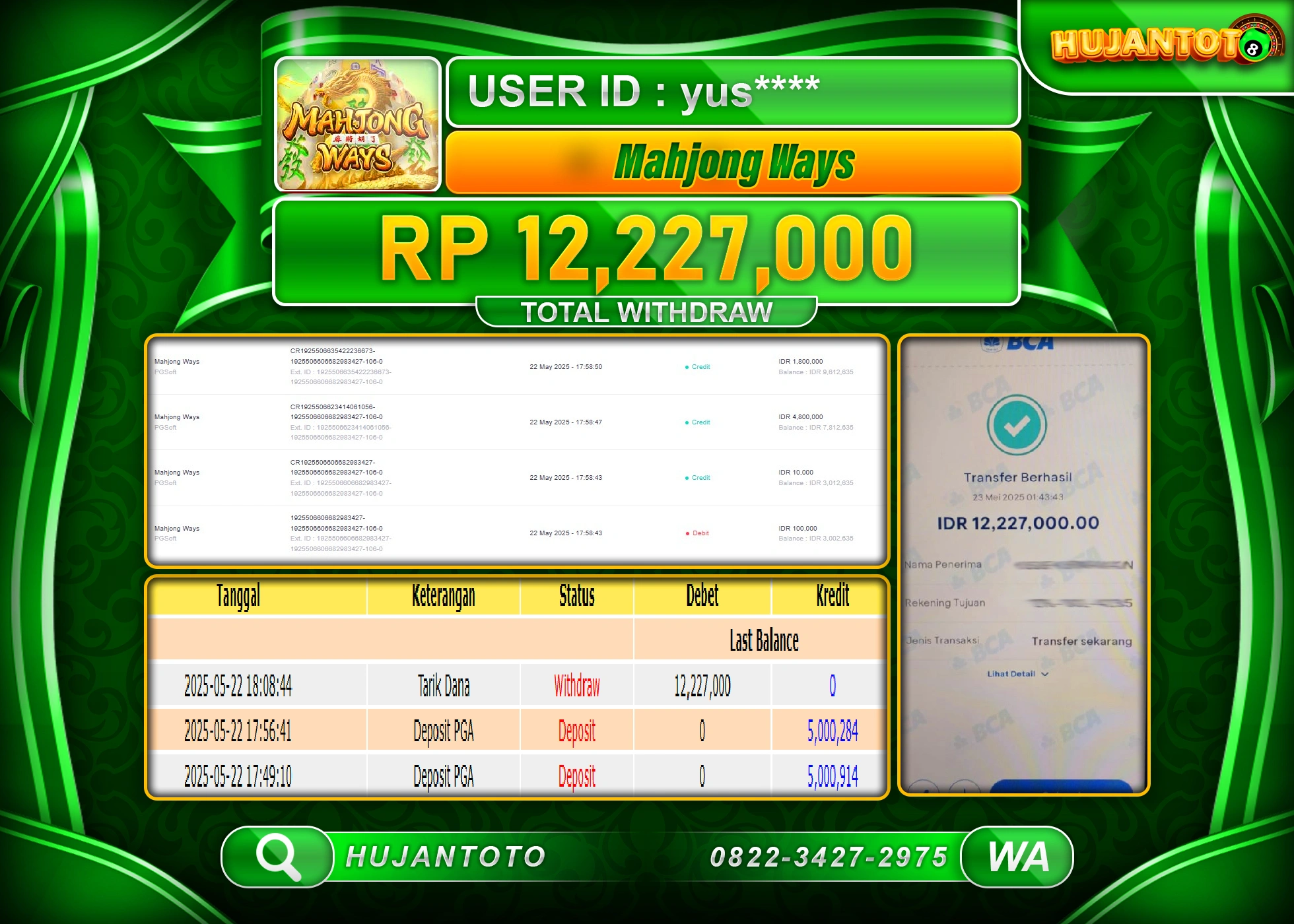HUJANTOTO - BUKTI JACKPOT MENANG SLOT MAHJONG WAYS PG SOFT Rp,12,227,000 - TERBAYAR LUNAS