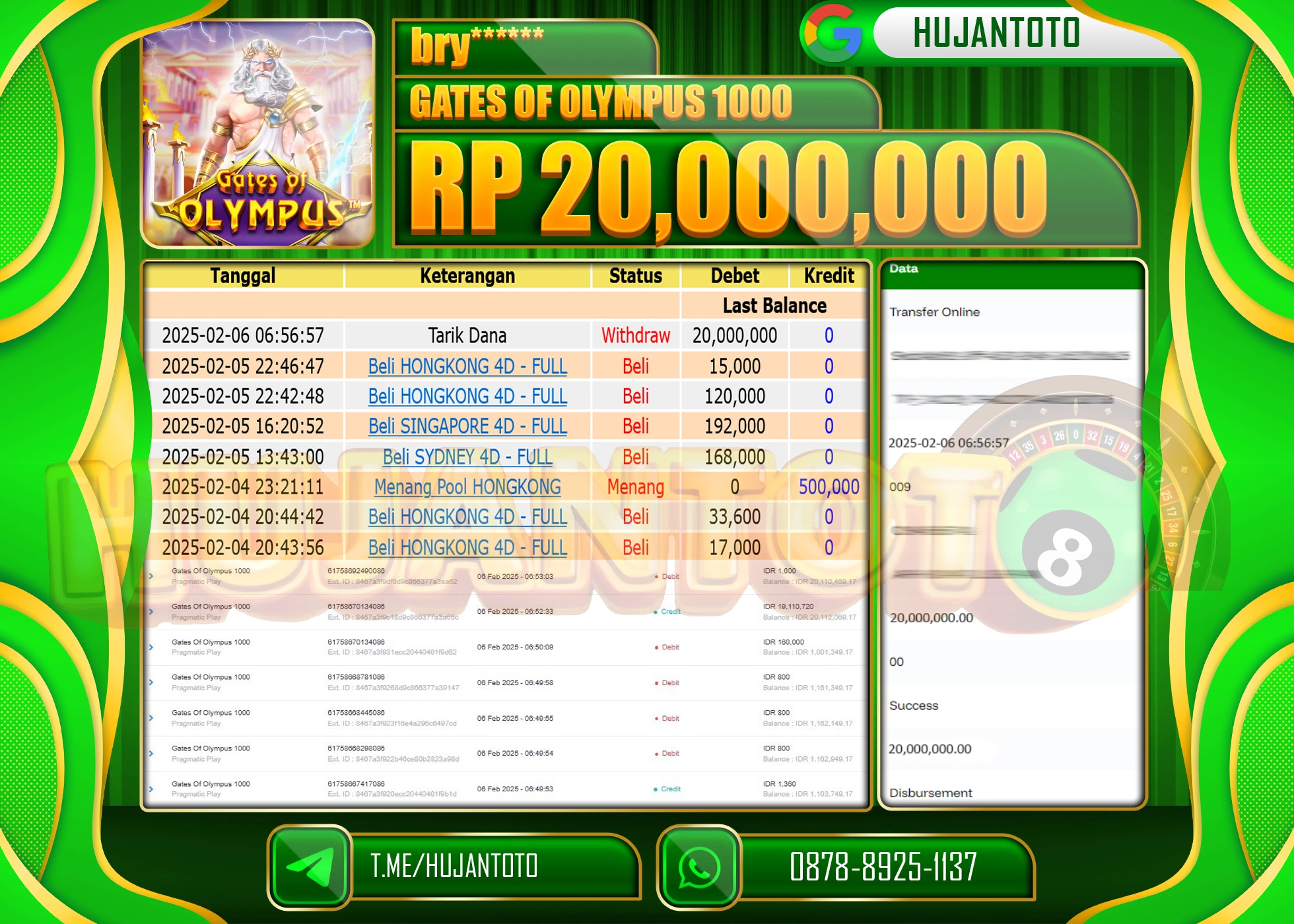 HUJANTOTO - BUKTI JACKPOT MENANG SLOT GATES OF OLYMPUS 1000 Rp,20,000,000 - TERBAYAR LUNAS