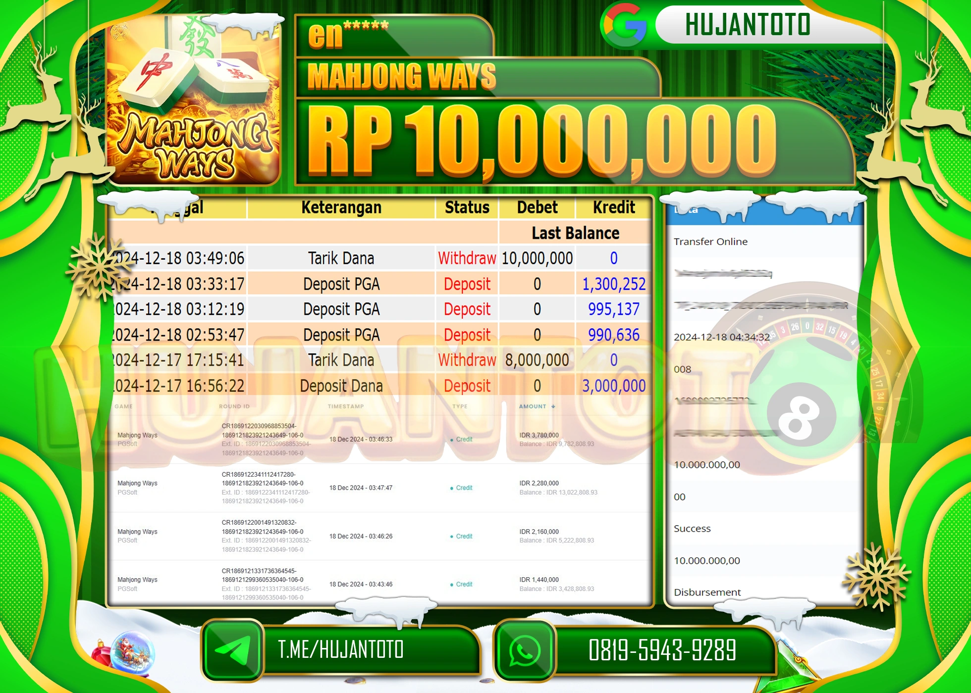 HUJANTOTO ATAS KEMENANGAN YANG DI RAIH DI PERMAINA SLOT MAHJONG WAYS  SEBESAR - 10,000,000 - TERBAYAR LUNAS