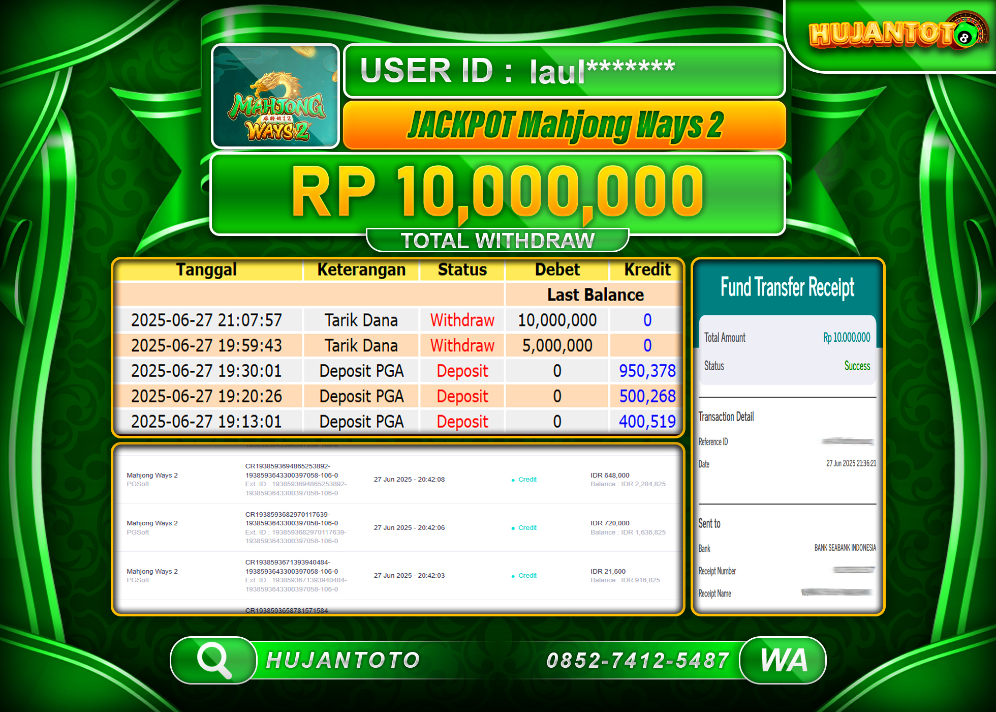 HUJANTOTO - BUKTI JACKPOT MENANG DI SLOT MAHJONG WAYS 2 Rp.10,000,000 - TERBAYAR LUNAS