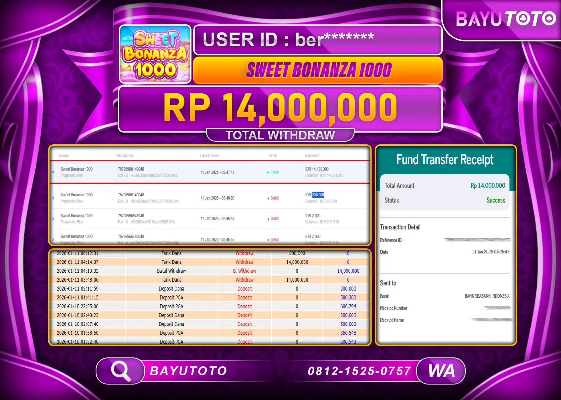 SELAMAT MEMBER SETIA BAYUTOTO JACKPOT SLOT  SWEET BONANZA 1000  Rp. 14,000,000 LUNAS