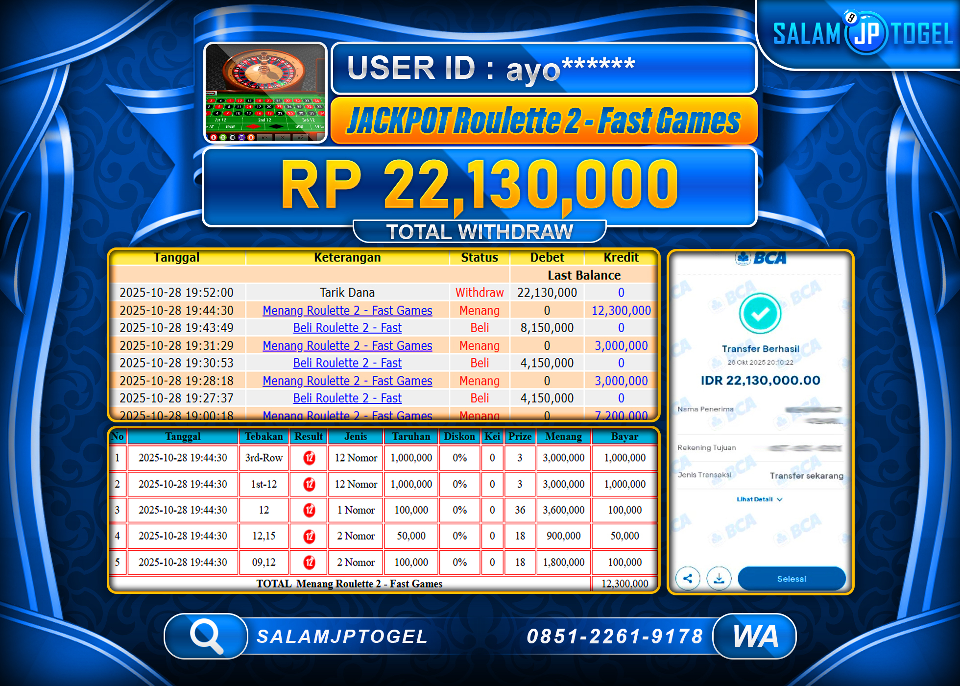 SALAMJPTOGEL MENANG JACKPOT ROULETTE 2 Rp.22,130,000  - LUNAS