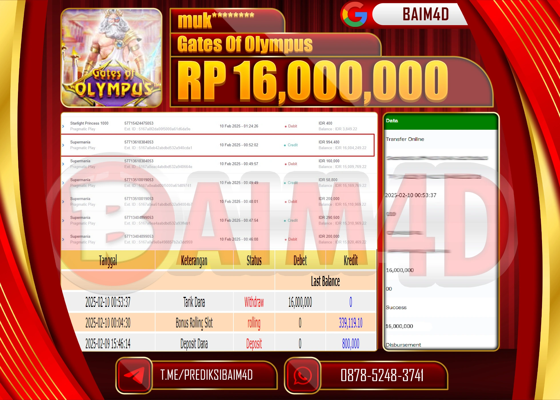 BAIM4D MENANG JACKPOT GATES OF OLYMPUS  Rp.16.000,000.