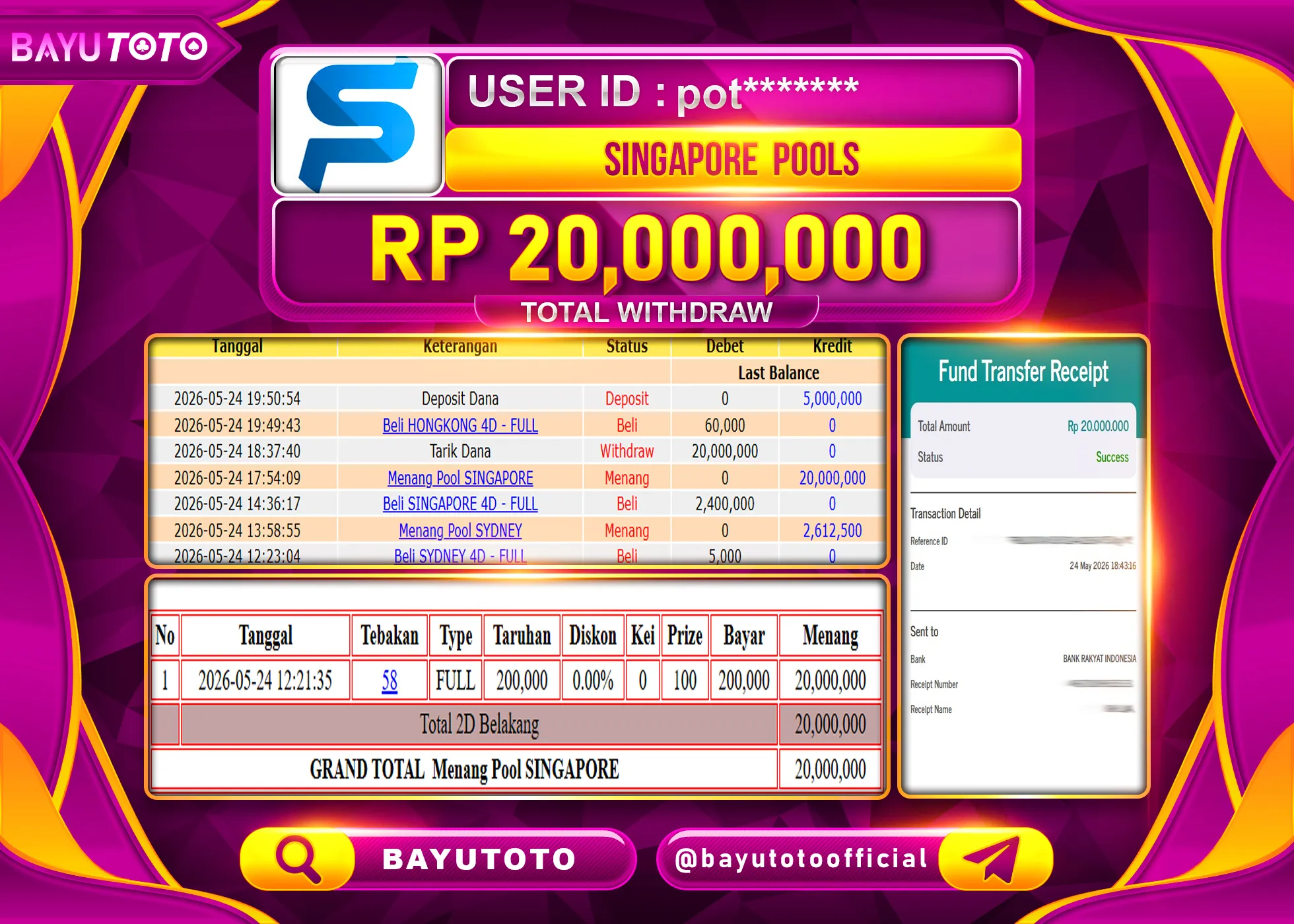 SELAMAT MEMBER SETIA BAYUTOTO JACKPOT DI TOGEL SINGAPORE POOLS Rp. 20,000,000 LUNAS