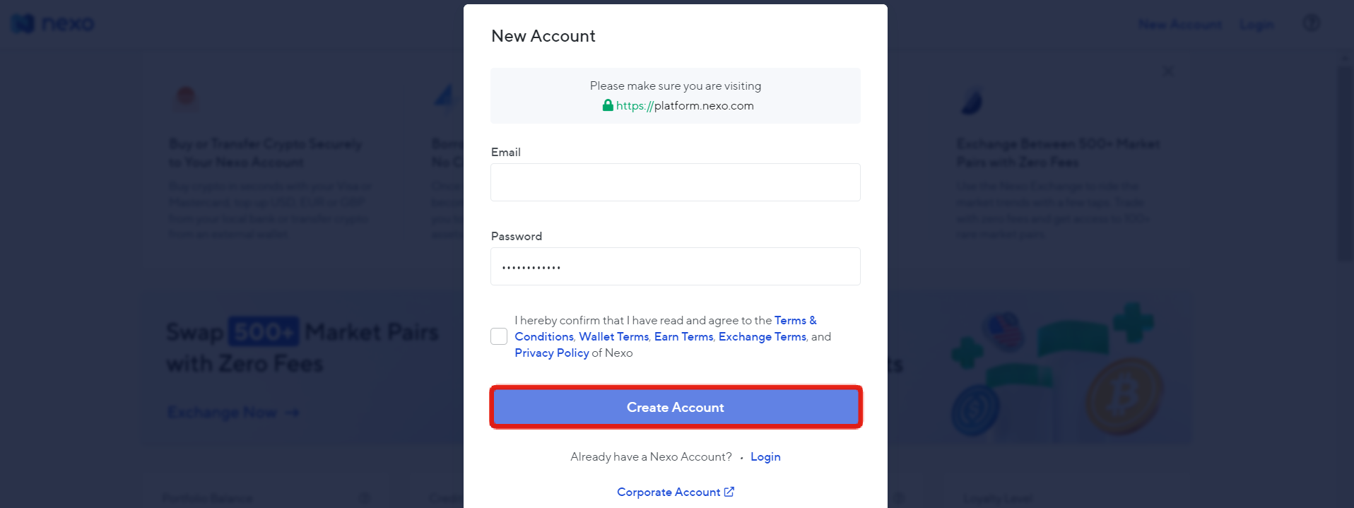 Create Nexo account