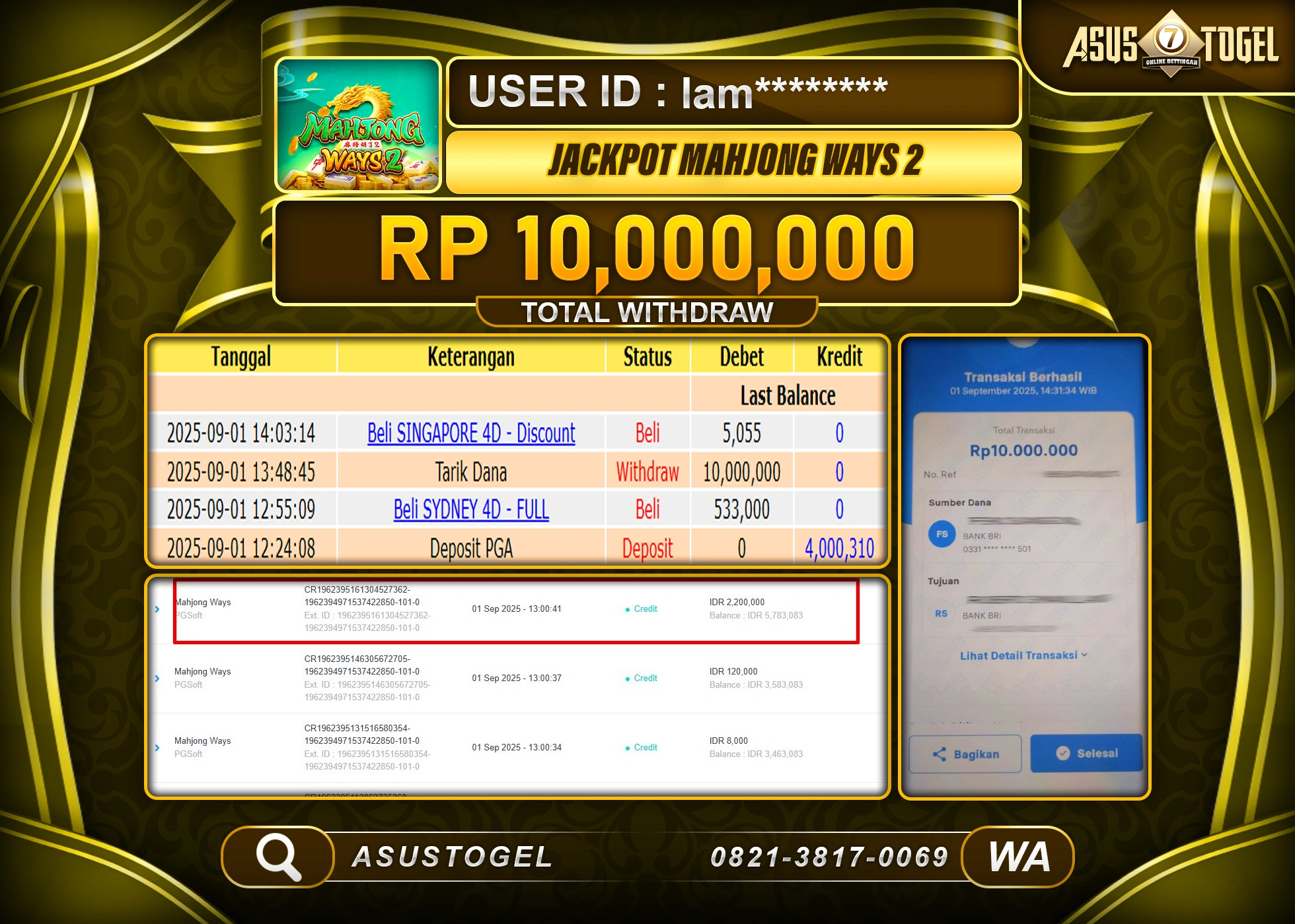 ASUSTOGEL KEMENANGAN DI SLOT MAHJONG WAYS 2 SEBESAR 10,000,000- RUPIAH LUNAS