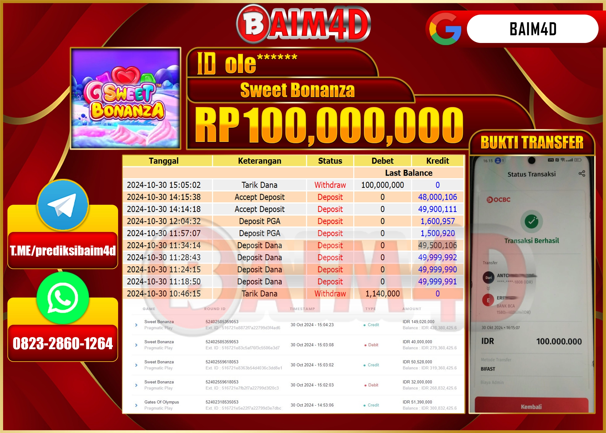 BAIM4D JACKPOT SWEET BONANZA Pragmatic Play Rp.100.000,000.- LUNAS