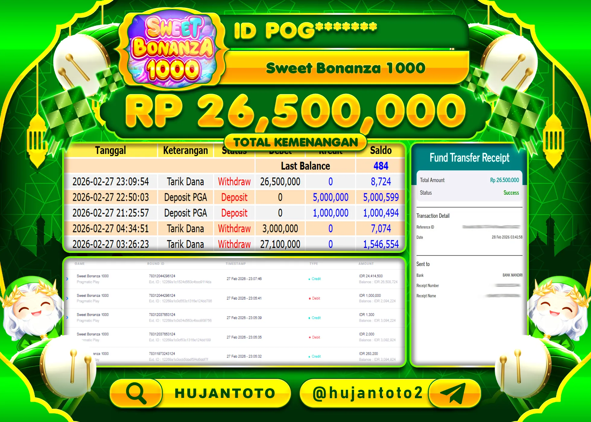 HUJANTOTO - BUKTI JACKPOT MENANG SLOT SWEET BONANZA 1000 Rp.26,500,000 - TERBAYAR LUNAS
