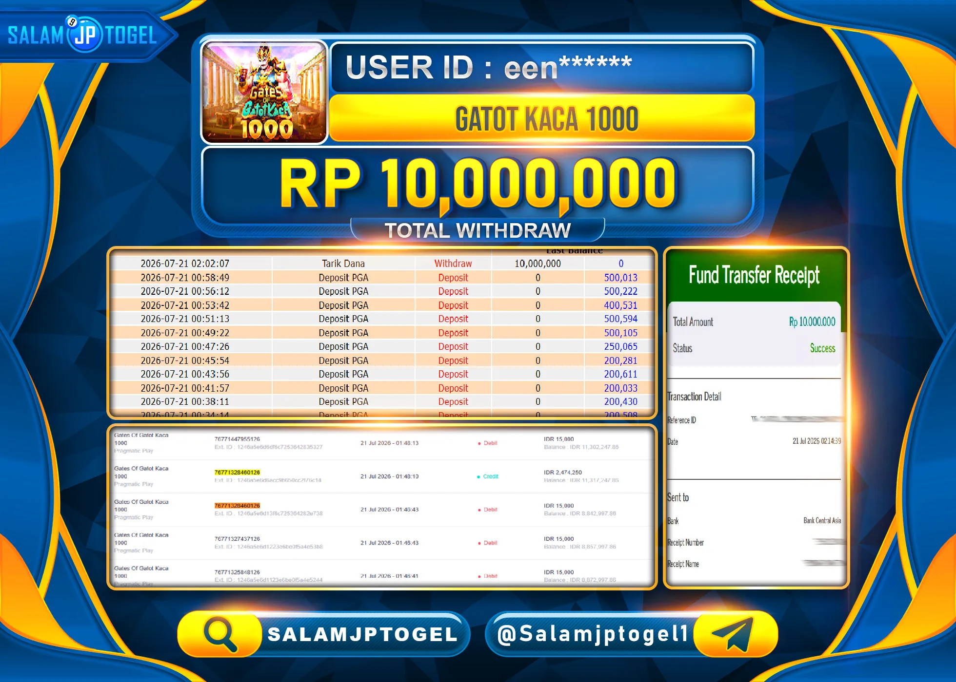 SALAMJPTOGEL JACKPOT MENANG JACKPOT SLOT GATOT KACA 1000 Rp.10,000,000  - LUNAS