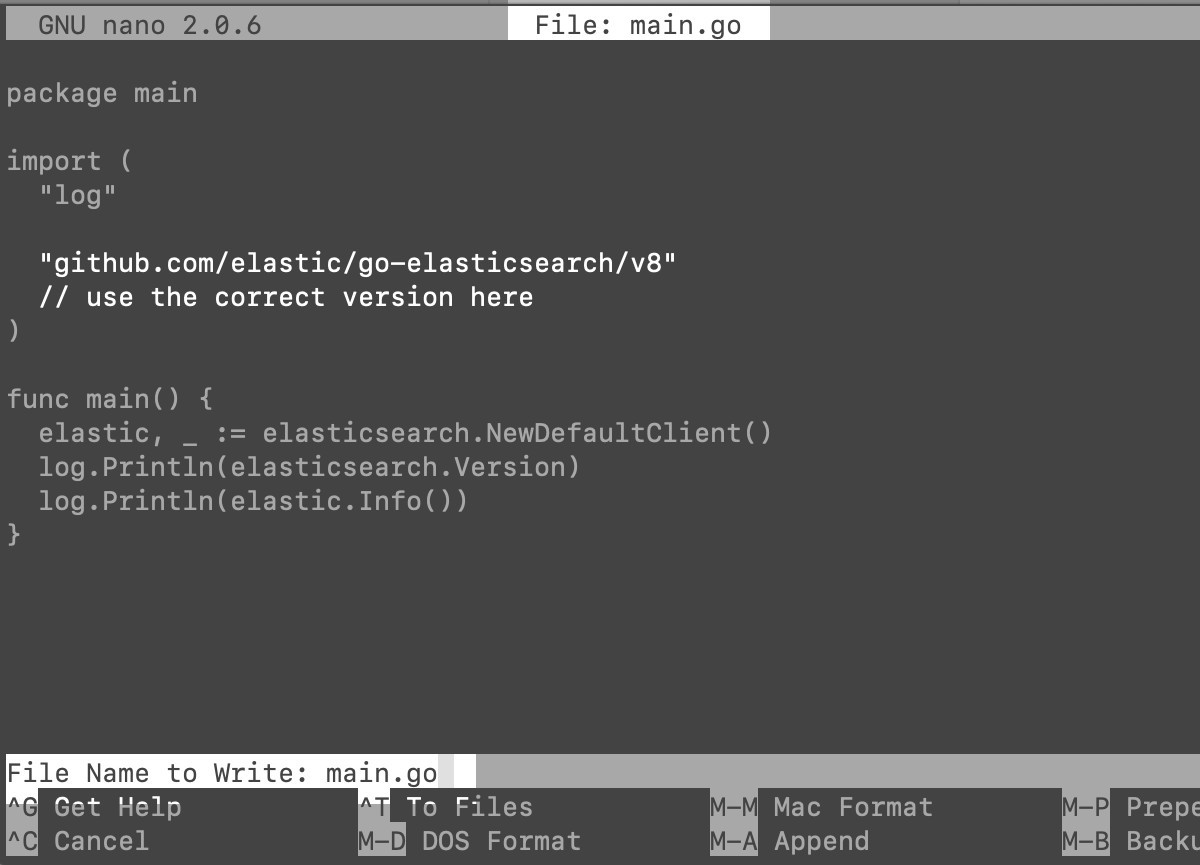 Screenshot of the nano text editor importing the go-elasticsearch package in a main.go file of a GoLang application