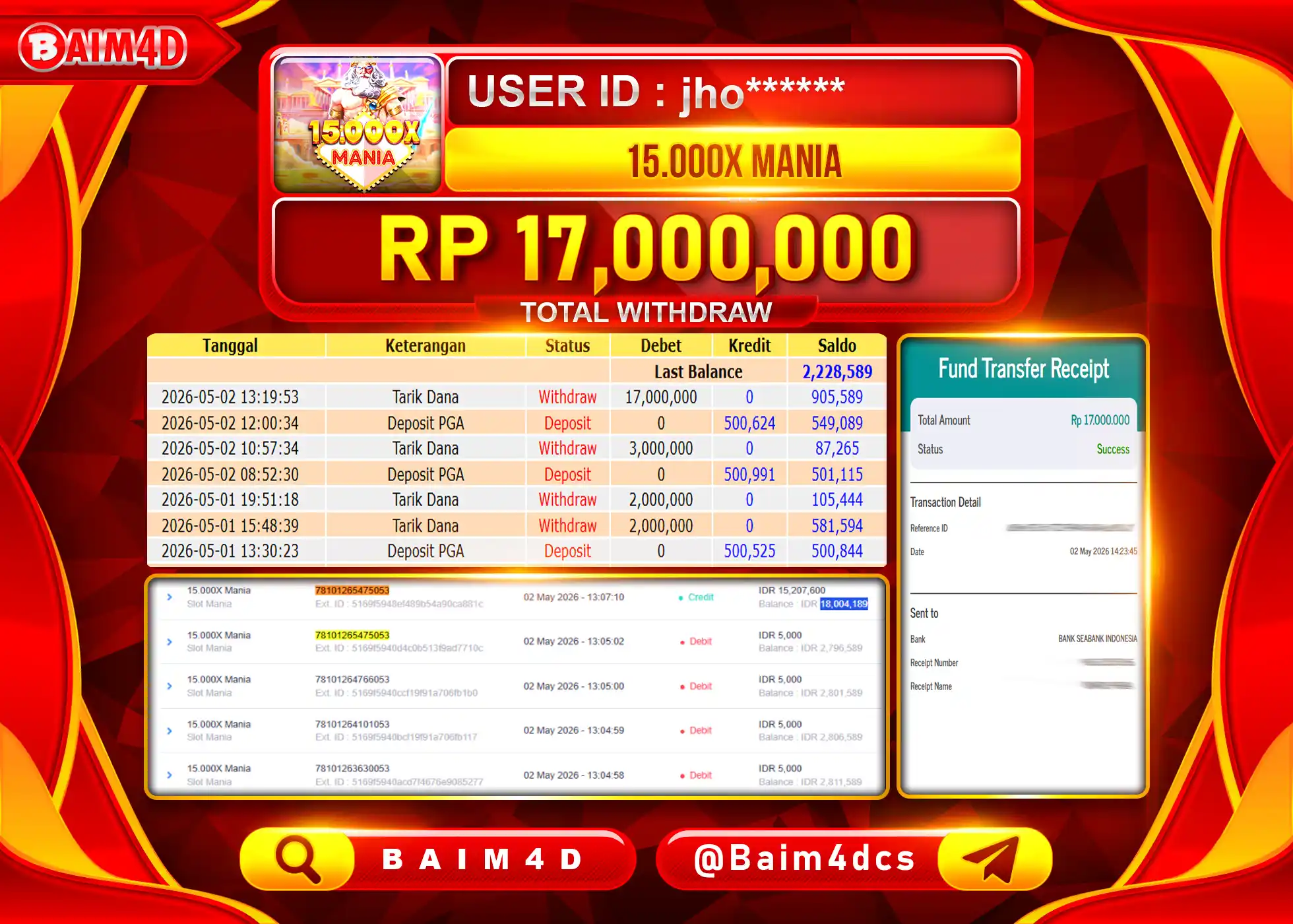 BAIM4D JACKPOT 15,000X MANIA SLOT MANIA Rp.17,000,000 - LUNAS