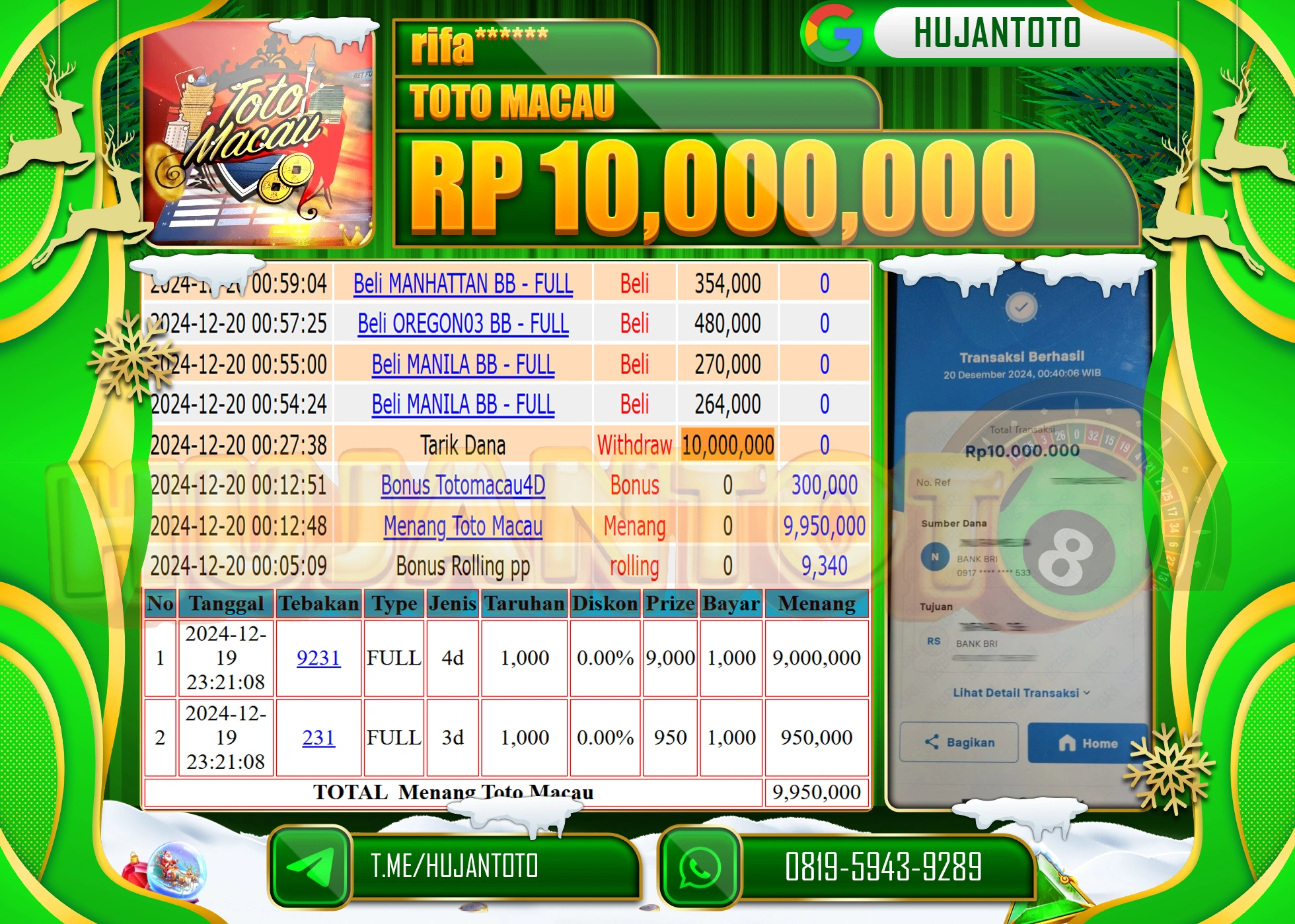 HUJANTOTO SELAMAT ATAS KEMENANGAN YANG DI RAIH DI PERMAINAN TOGEL TOTOMACAU4D SEBESAR - 10,000,000 - TERBAYAR LUNAS