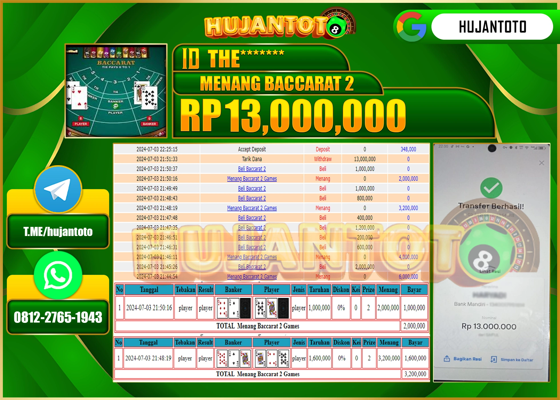HUJANTOTO MENANG LIVE CASINO BACCARAT 13,000,000 - LUNAS 