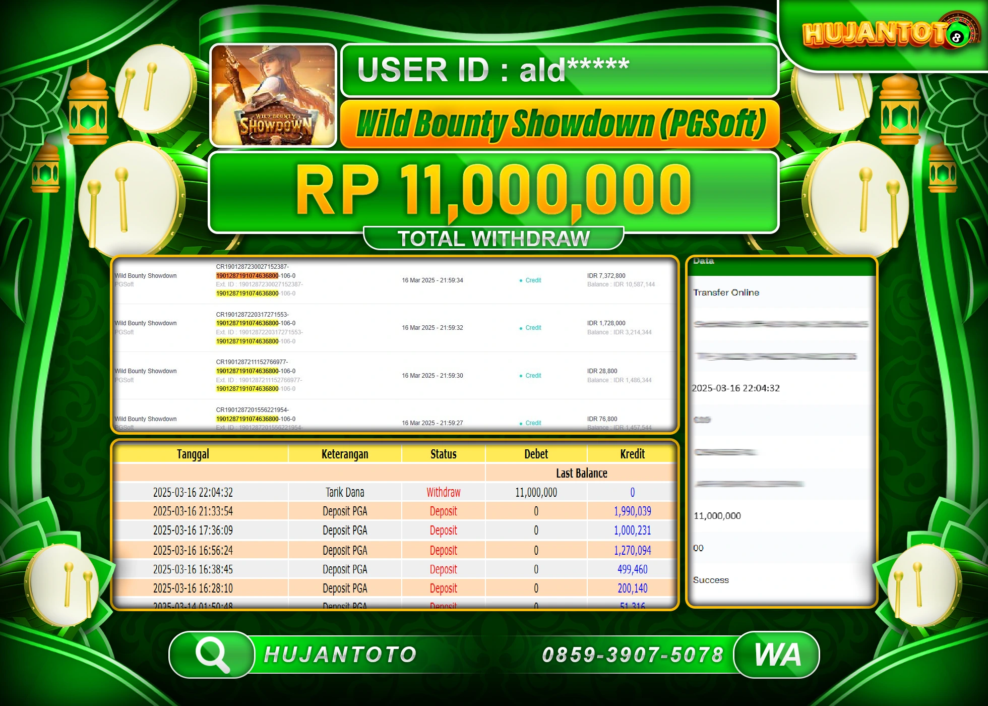 HUJANTOTO - BUKTI JACKPOT MENANG SLOT WILD BOUNTY SHOWDOWN Rp,11,000,000  - TERBAYAR LUNAS