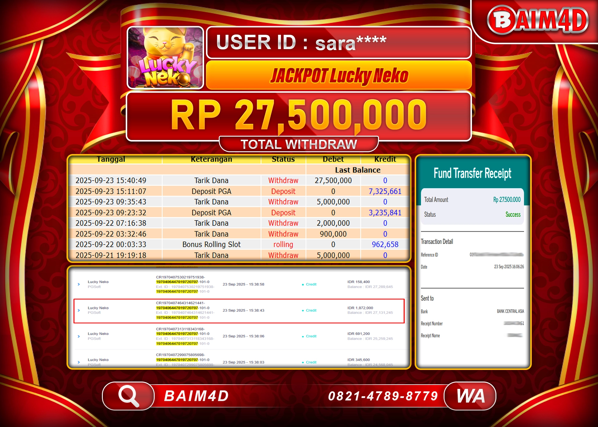 BAIM4D JACKPOT SLOT LUCKY NEKO PG SOFT Rp.27,500,000.- LUNAS