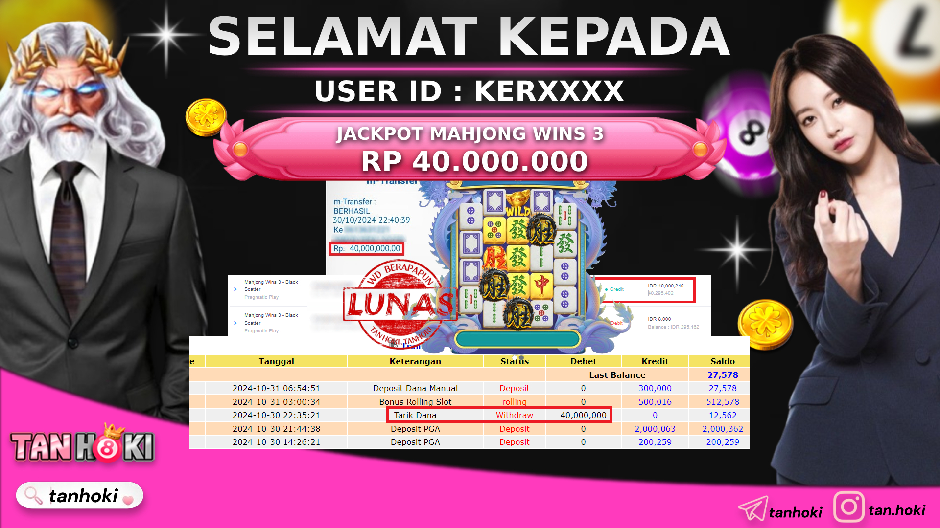 TANHOKI JACKPOT SLOT MAHJONG WINS 3 BLACK SCATTER Rp.40.000.000,- LUNAS