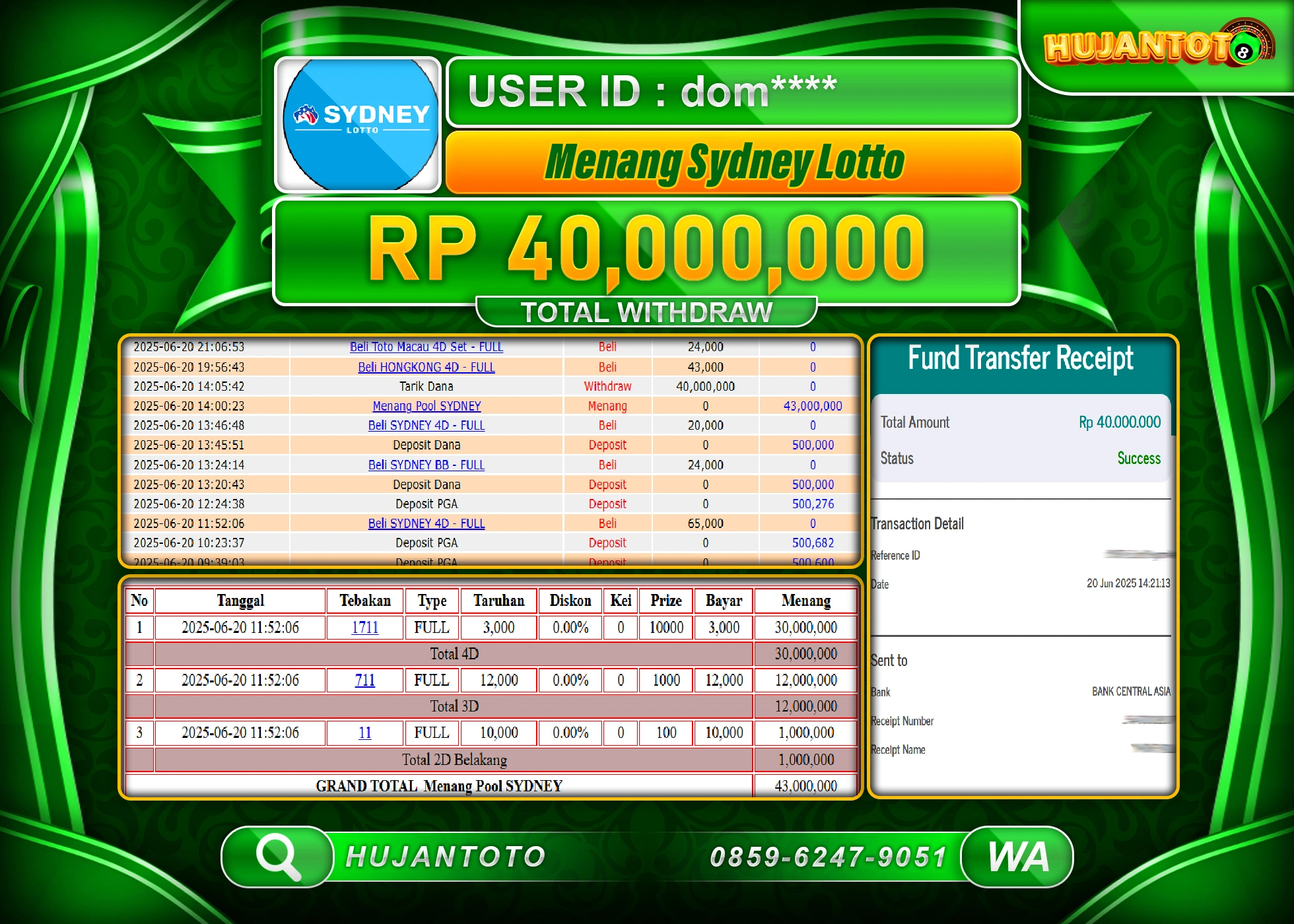 HUJANTOTO - BUKTI JACKPOT MENANG TOGEL SYDNEY LOTTO Rp.40,000,000 - TERBAYAR LUNAS