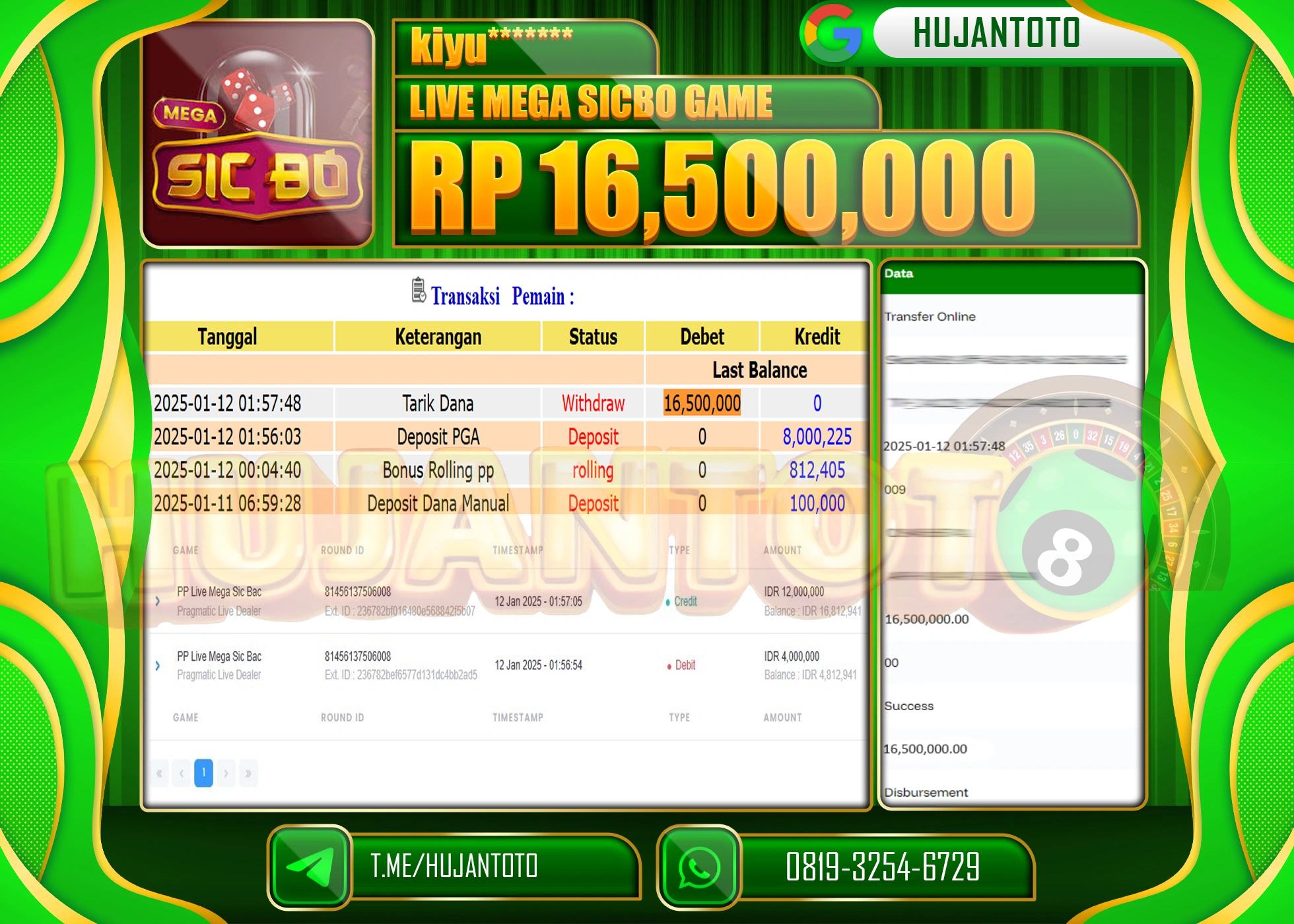HUJANTOTO - BUKTI JACKPOT DI PERMAINAN LIVE MEGA SICBO GAME Rp. 16,500,000 - TERBAYAR LUNAS