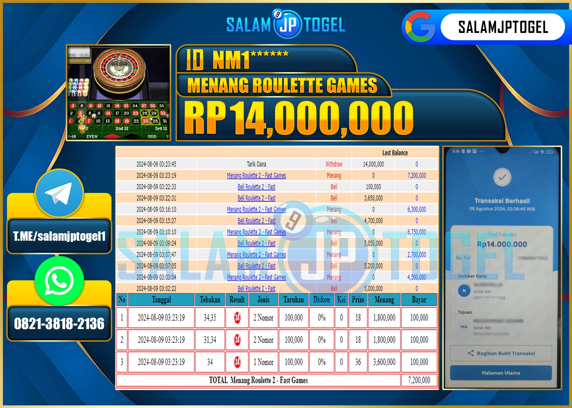 SALAMJPTOGEL MENANG ROULLETE 2 RP. 14,000,000 LUNAS