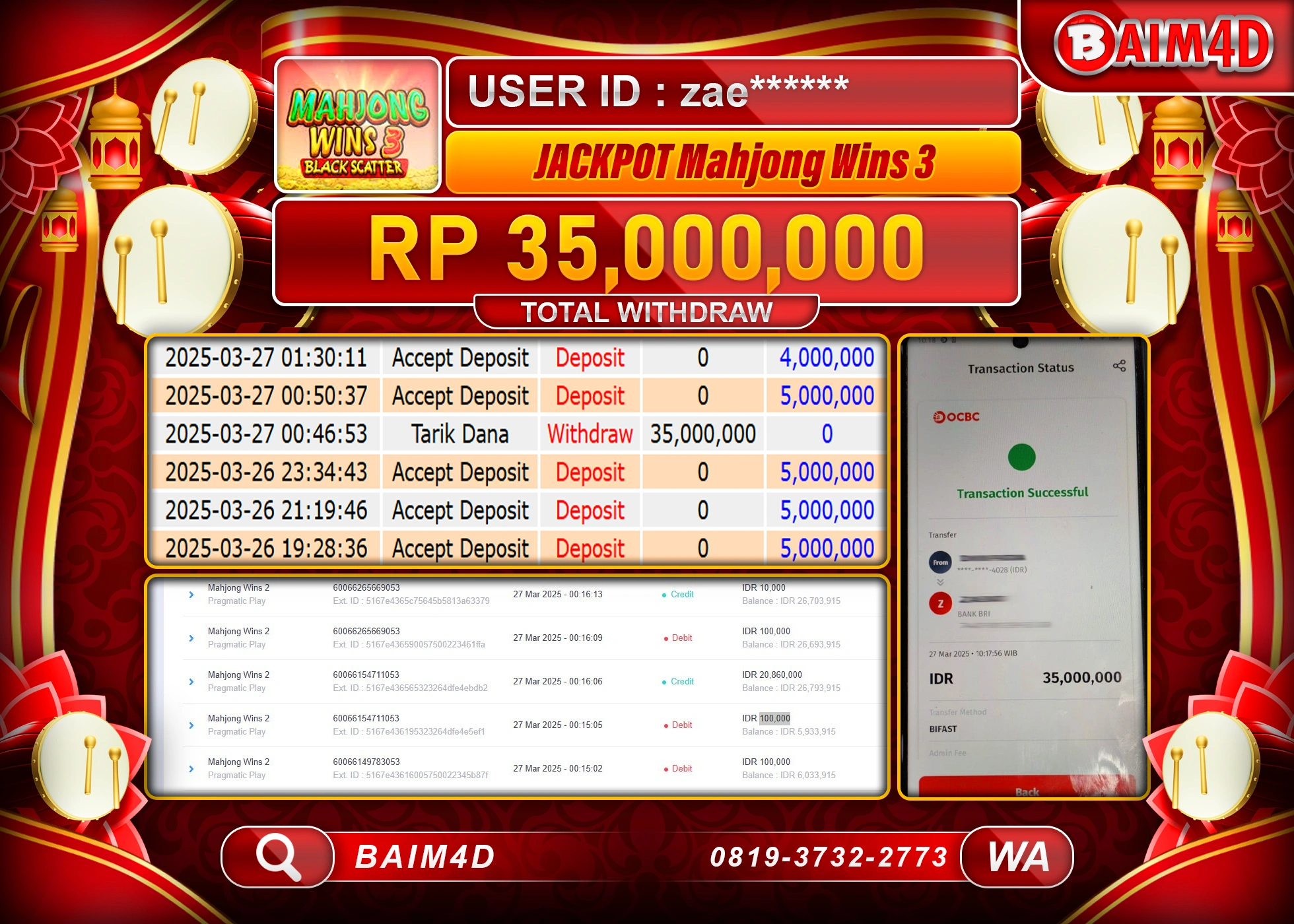 BAIM4D  MENANG MAHJONG WINS 3 Rp.35.000,000.- LUNAS