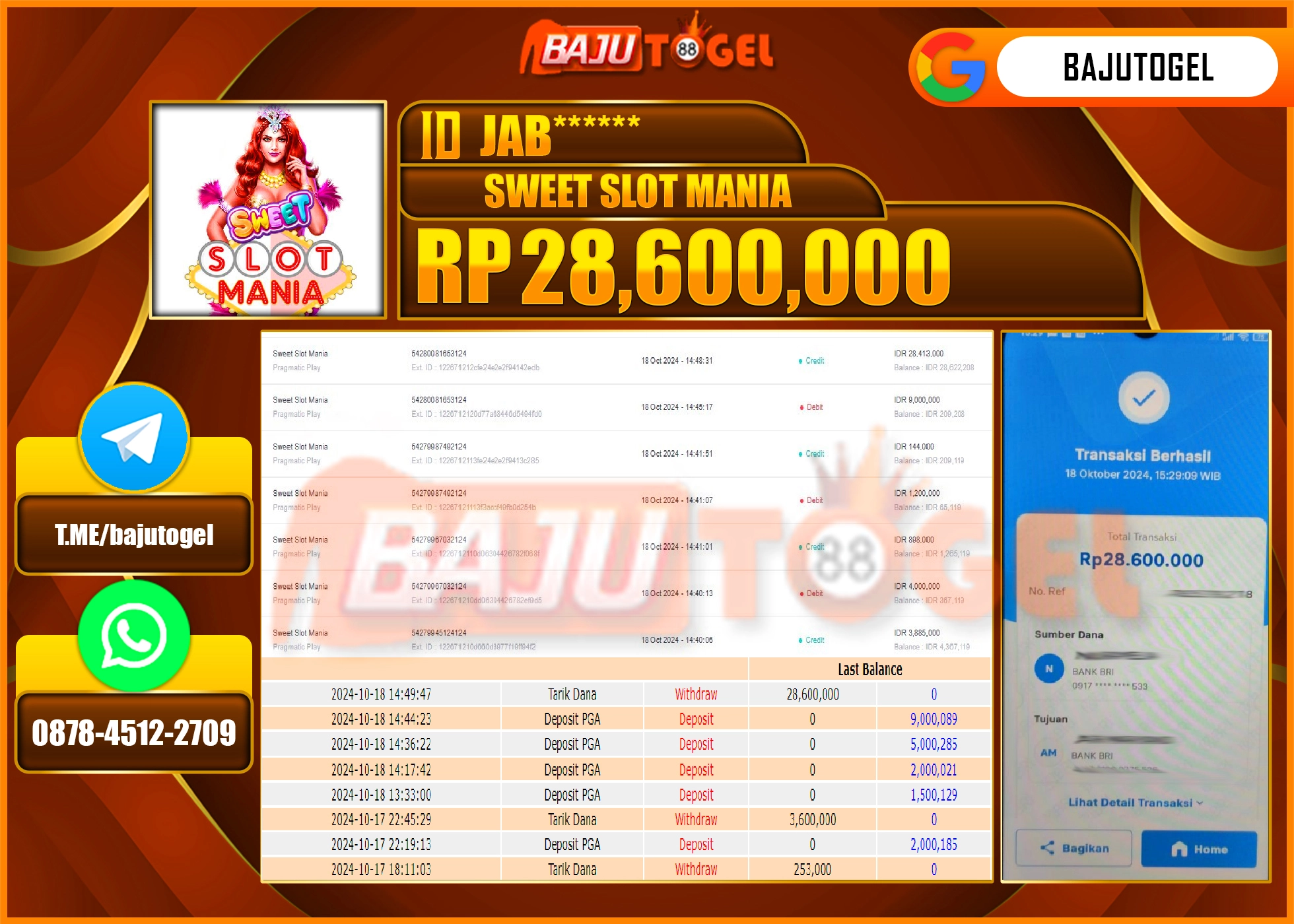 BAJUTOGEL JACKPOT SWEET SLOT MANIA Rp.28.600.000 LUNAS
