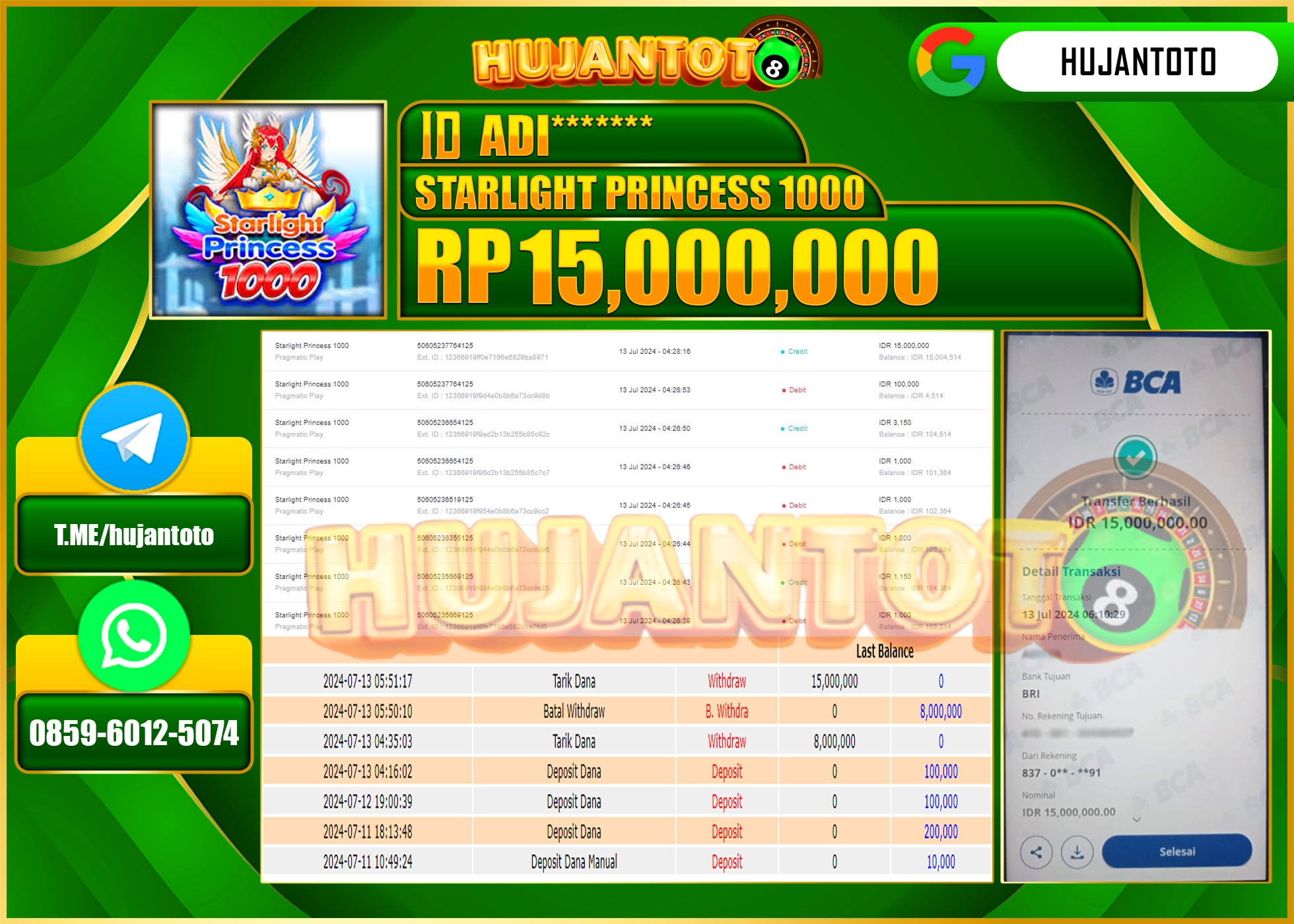 HUJANTOTO MENANG SLOT STARLIGHT PRINCESS 1000 (Pragmatic Play)  15.000.000 - LUNAS 