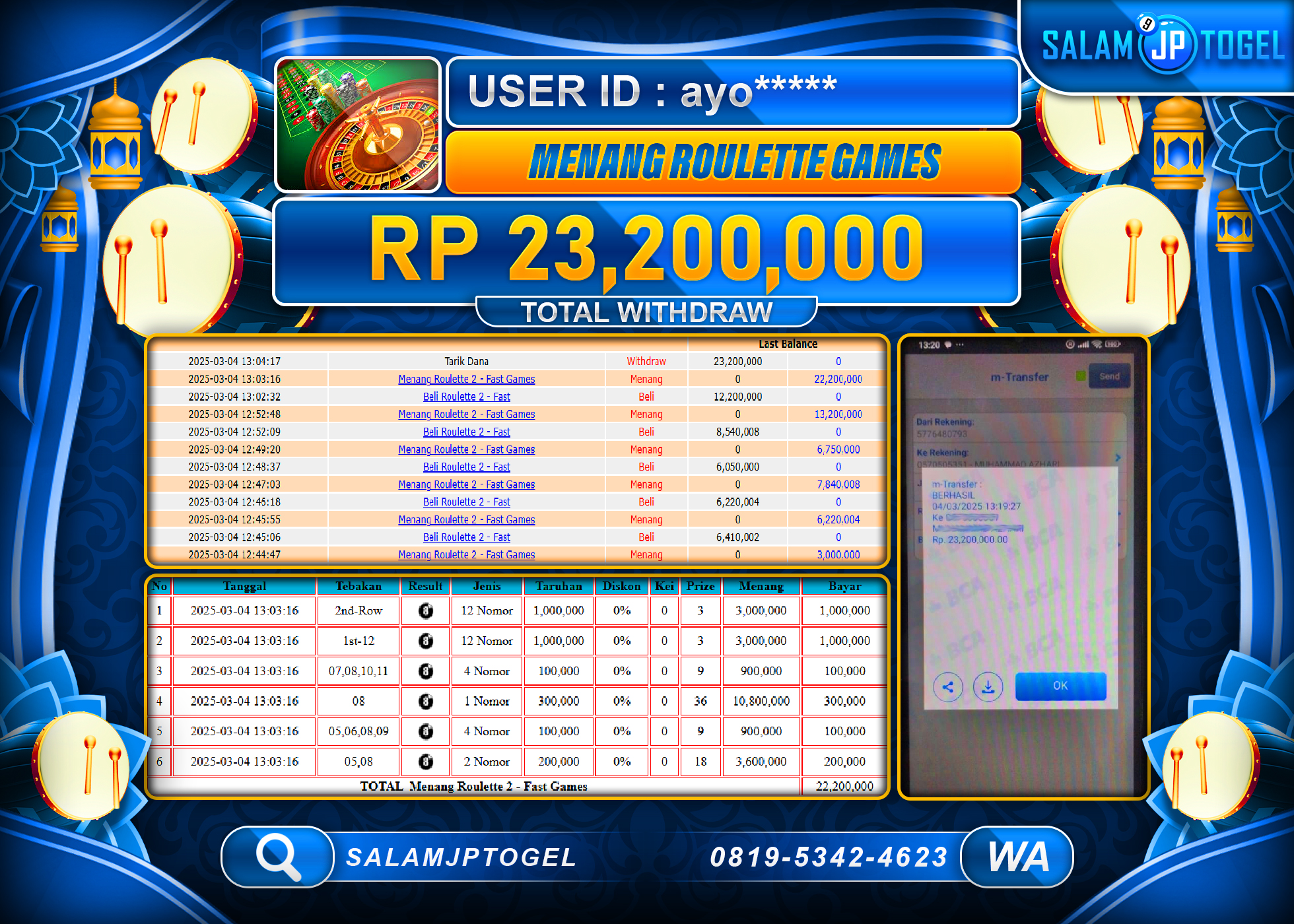 SALAMJPTOGEL MENANG ROULETTE GAMES Rp. 23,200,000 LUNAS