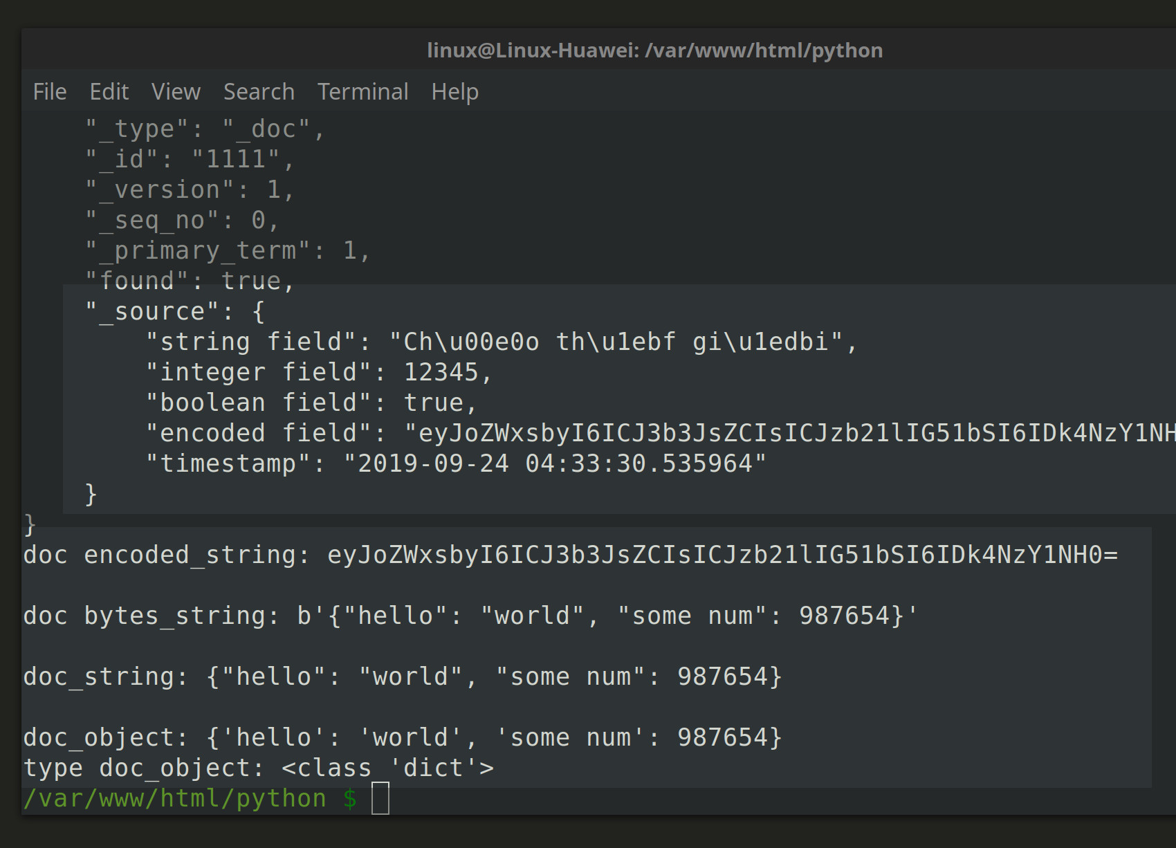 Screenshot of an Elasticsearch Python script indexing a bytes string document in a terminal window